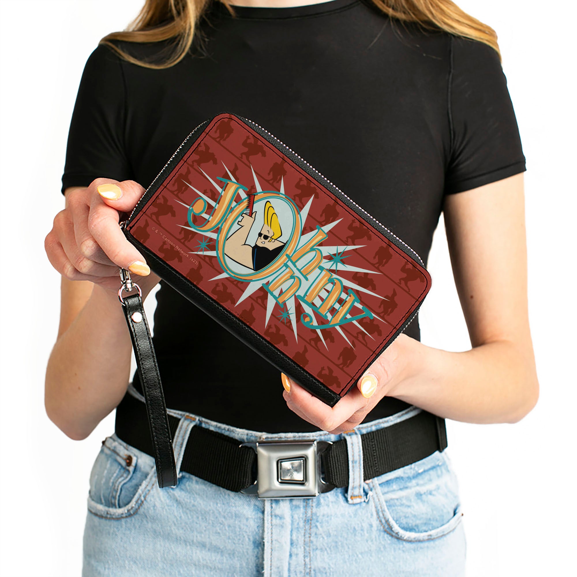 PU Zip Around Wallet Rectangle - JOHNNY BRAVO Title Logo and Flex Pose Turns Reds Clutch Zip Around Wallets Johnny Bravo