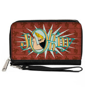 PU Zip Around Wallet Rectangle - JOHNNY BRAVO Title Logo and Flex Pose Turns Reds Clutch Zip Around Wallets Johnny Bravo