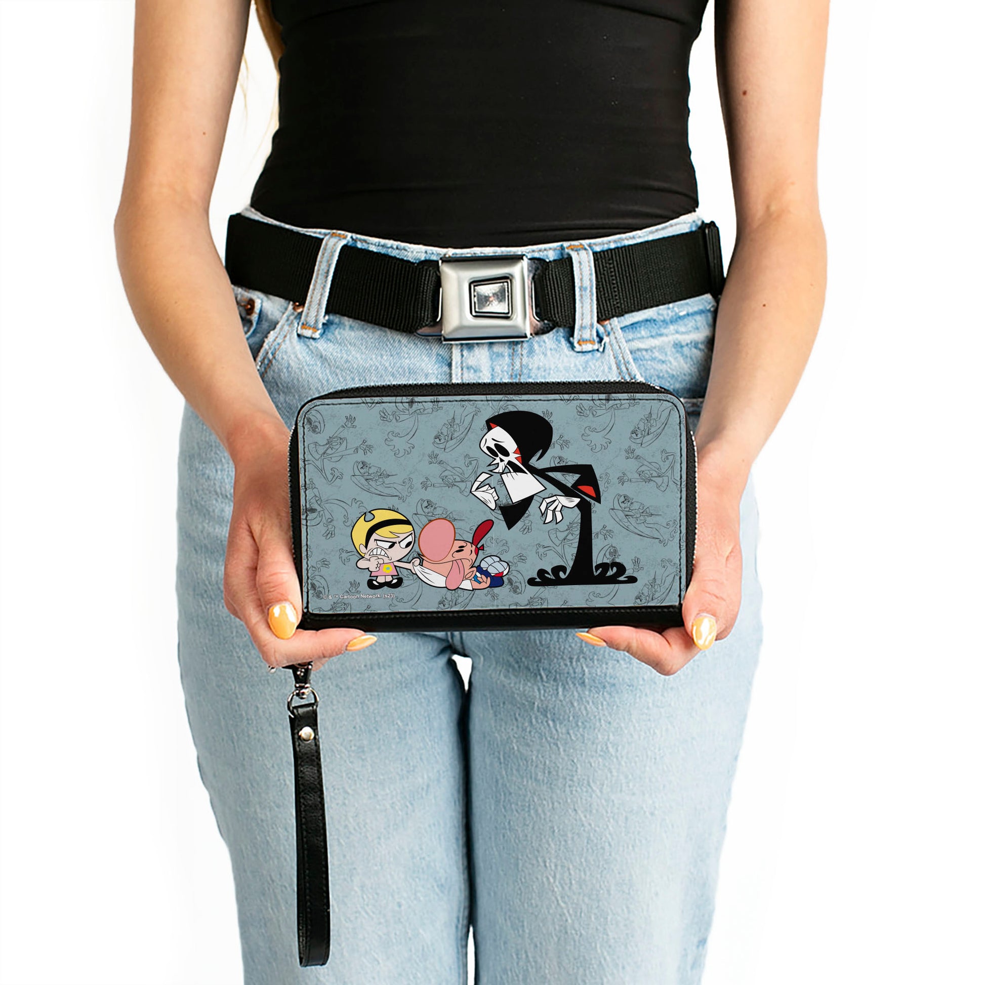 PU Zip Around Wallet Rectangle - The Grim Adventures of Billy & Mandy Group Pose and Grim Sketches Gray Clutch Zip Around Wallets The Grim Adventures of Billy & Mandy