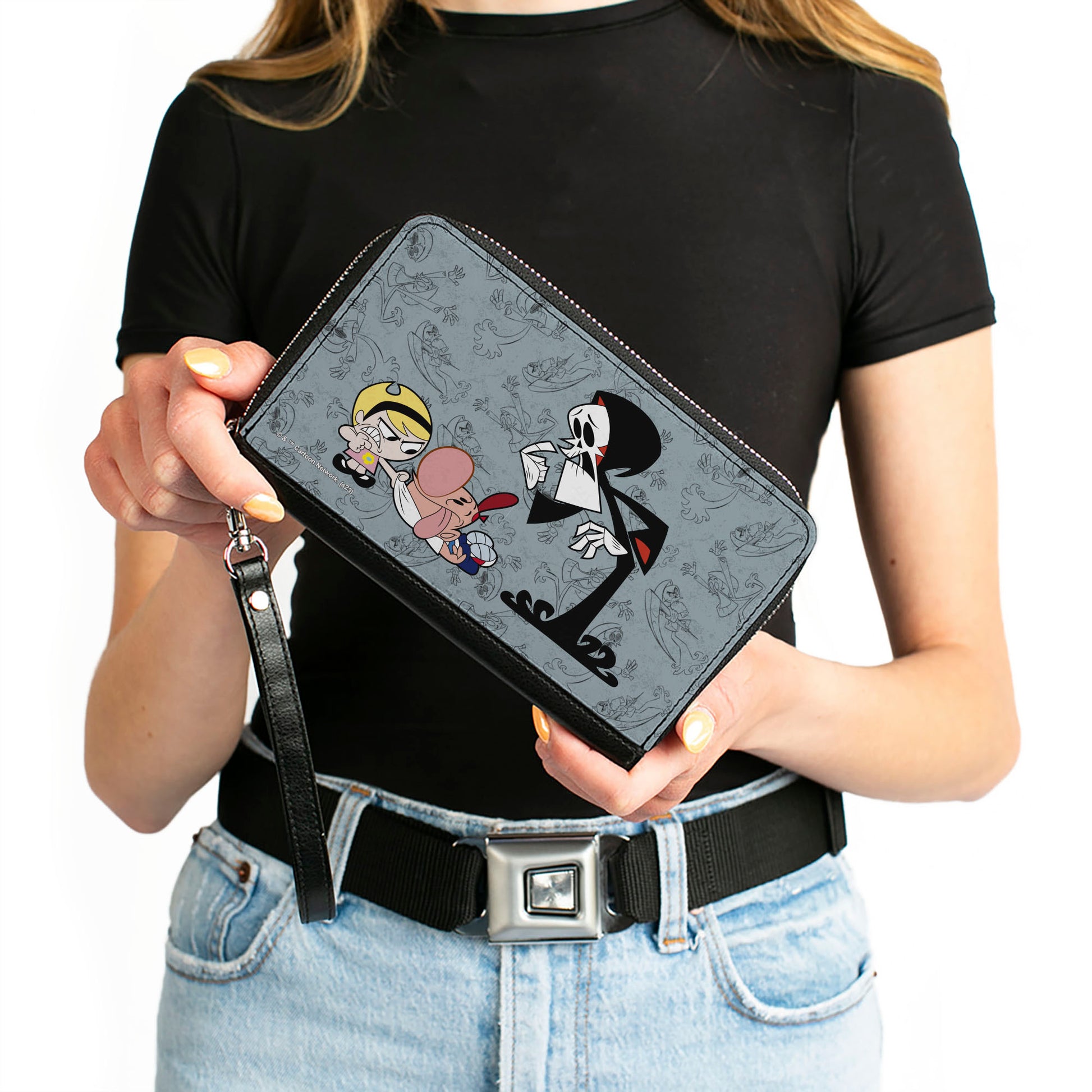 PU Zip Around Wallet Rectangle - The Grim Adventures of Billy & Mandy Group Pose and Grim Sketches Gray Clutch Zip Around Wallets The Grim Adventures of Billy & Mandy