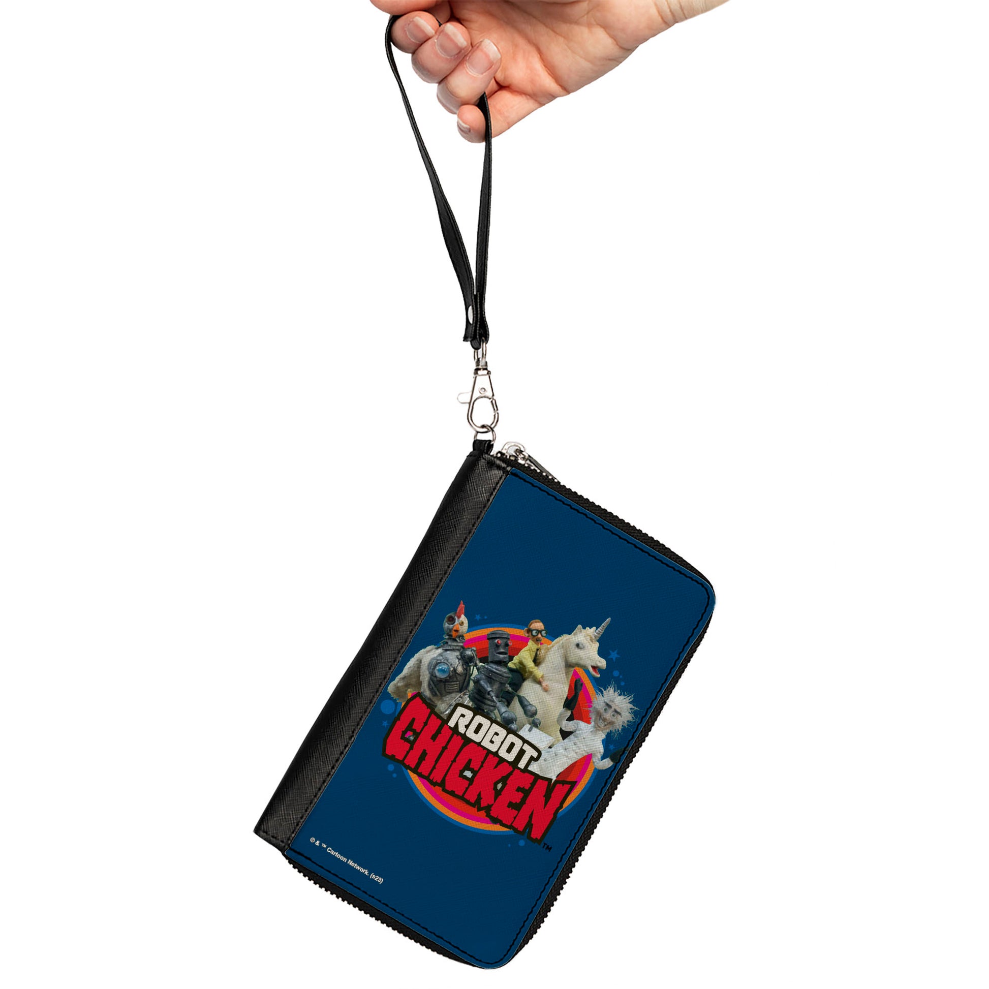 PU Zip Around Wallet Rectangle - ROBOT CHICKEN Title Logo and Group Pose Blue Clutch Zip Around Wallets Robot Chicken