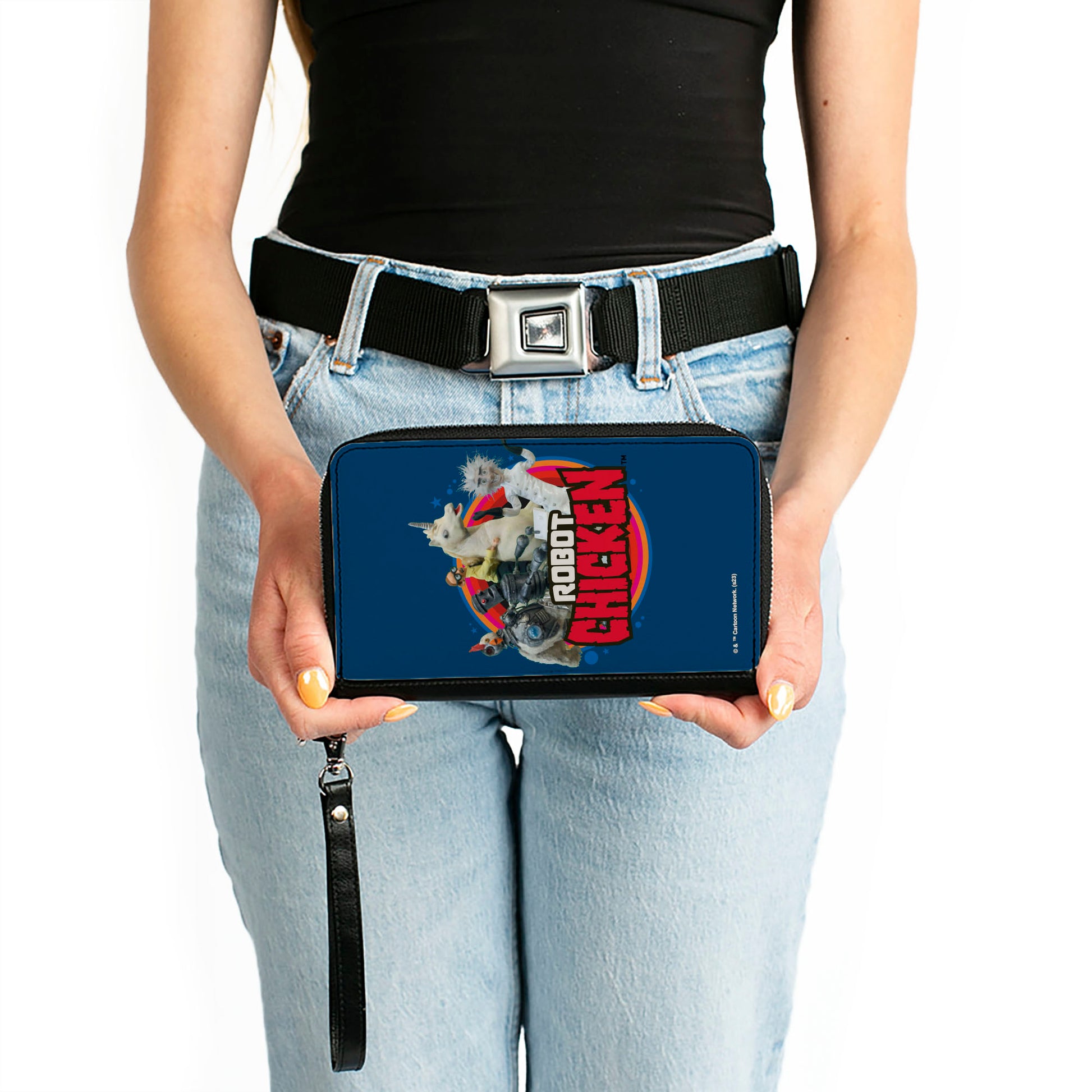 PU Zip Around Wallet Rectangle - ROBOT CHICKEN Title Logo and Group Pose Blue Clutch Zip Around Wallets Robot Chicken