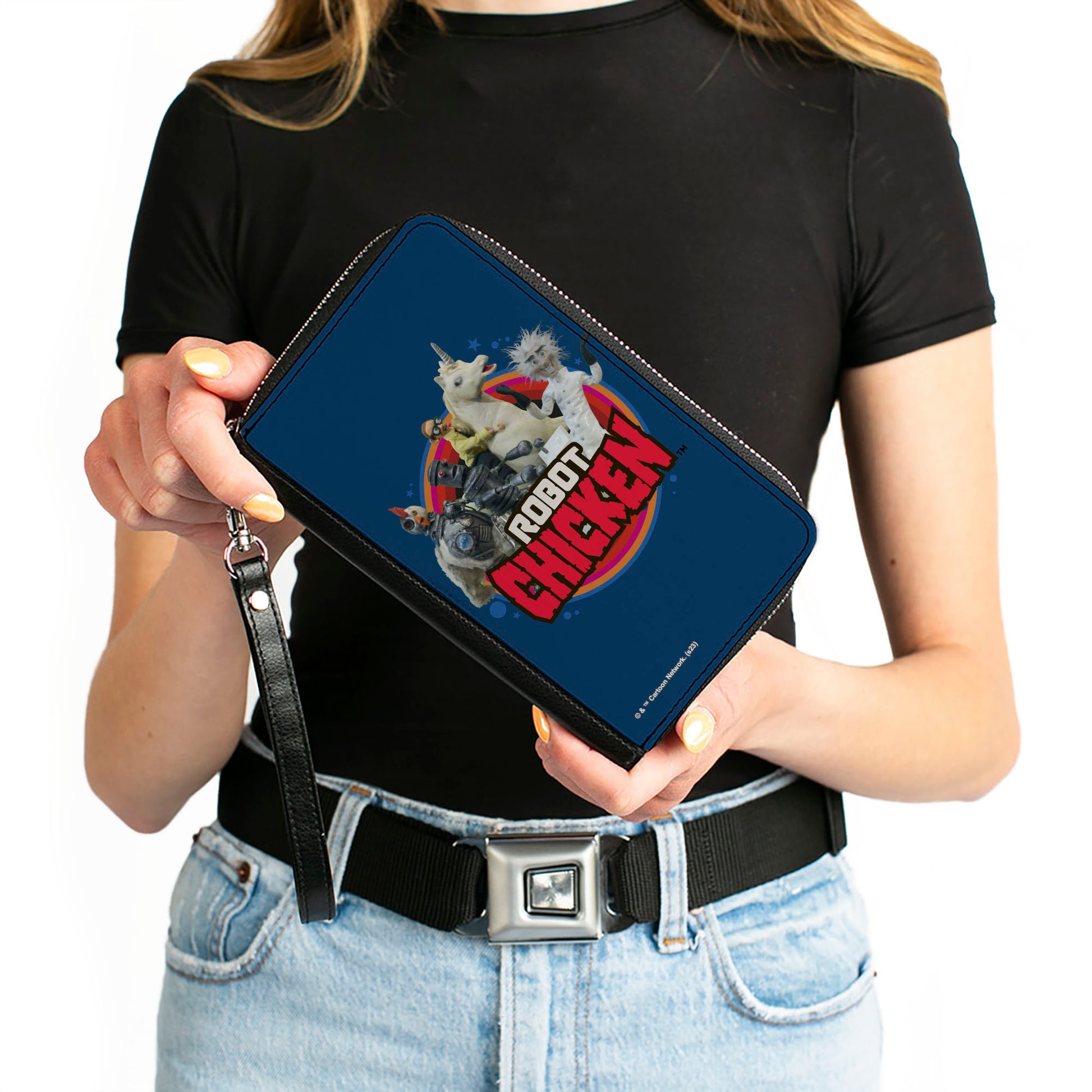 PU Zip Around Wallet Rectangle - ROBOT CHICKEN Title Logo and Group Pose Blue Clutch Zip Around Wallets Robot Chicken
