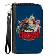 PU Zip Around Wallet Rectangle - ROBOT CHICKEN Title Logo and Group Pose Blue Clutch Zip Around Wallets Robot Chicken