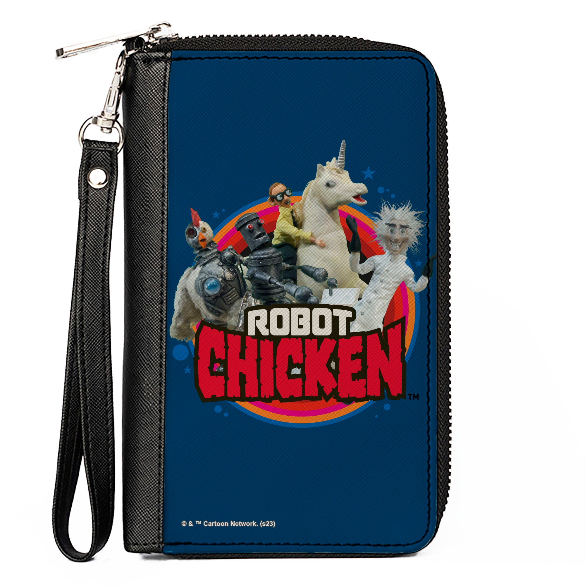 PU Zip Around Wallet Rectangle - ROBOT CHICKEN Title Logo and Group Pose Blue Clutch Zip Around Wallets Robot Chicken