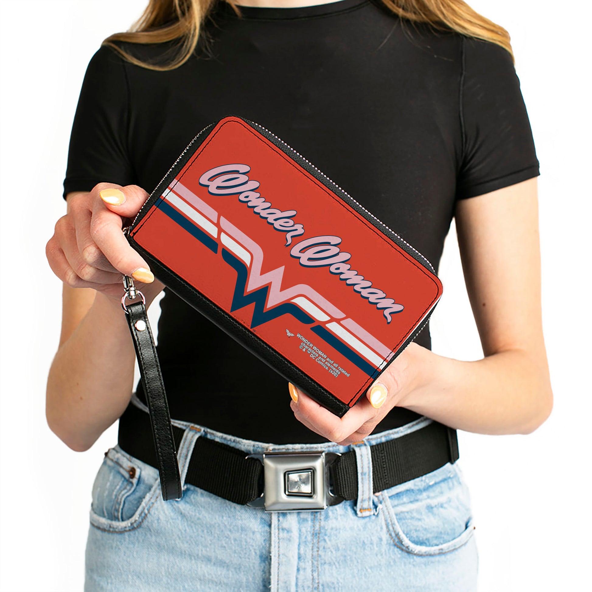 Women's PU Zip Around Wallet Rectangle - WONDER WOMAN Script Logo Striping Red Navy Pink White Clutch Zip Around Wallets DC Comics   