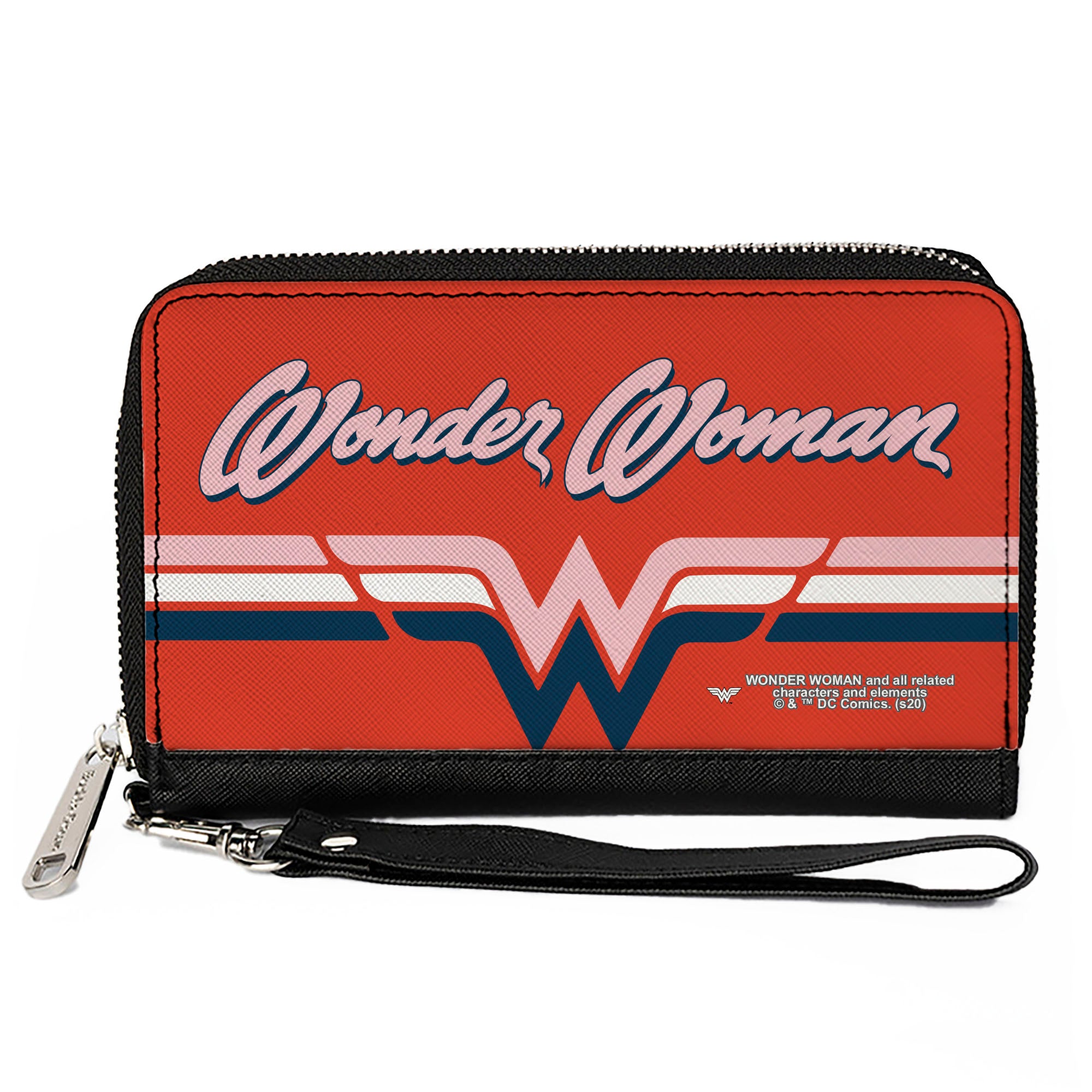 Women's PU Zip Around Wallet Rectangle - WONDER WOMAN Script Logo Striping Red Navy Pink White Clutch Zip Around Wallets DC Comics   