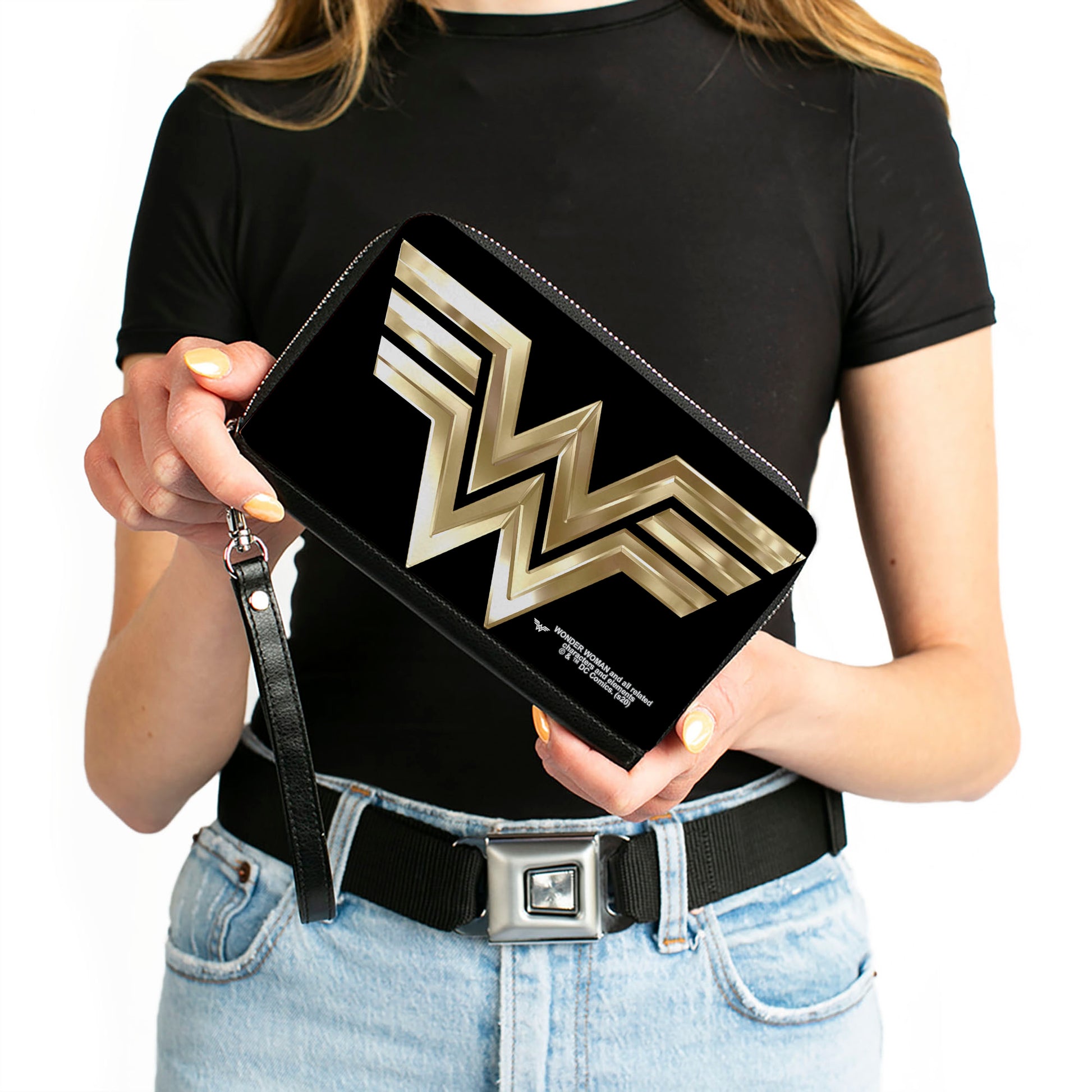 Women's PU Zip Around Wallet Rectangle - Wonder Woman 1984 WW Logo Black Golds Clutch Zip Around Wallets DC Comics   