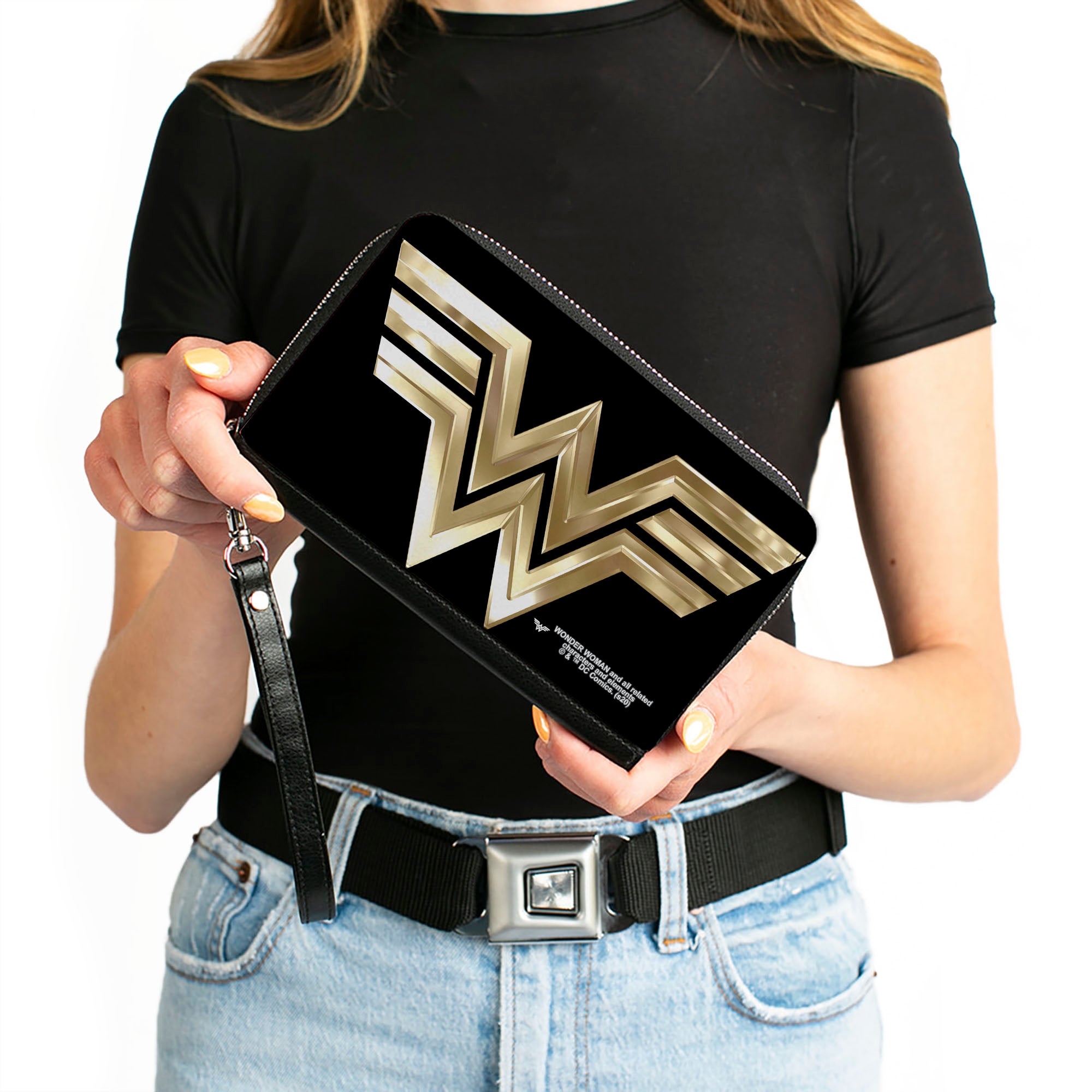 Women's PU Zip Around Wallet Rectangle - Wonder Woman 1984 WW Logo Black Golds Clutch Zip Around Wallets DC Comics   