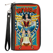 Women's PU Zip Around Wallet Rectangle - Wonder Woman WW84 Standing Pose Stars Reds Yellows Blues Clutch Zip Around Wallets DC Comics   