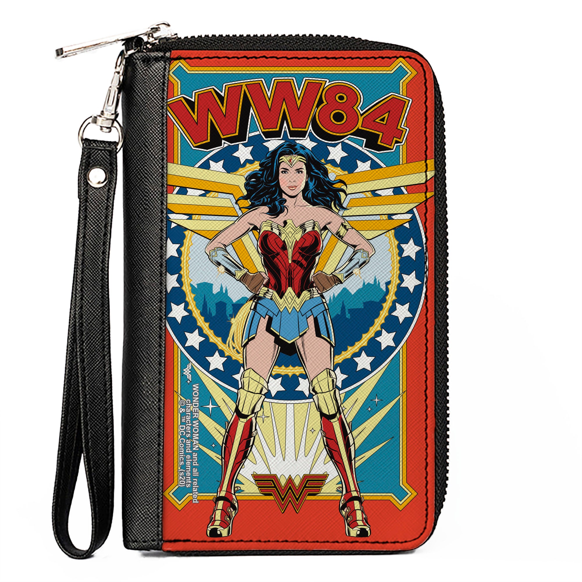Women's PU Zip Around Wallet Rectangle - Wonder Woman WW84 Standing Pose Stars Reds Yellows Blues Clutch Zip Around Wallets DC Comics   