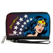 PU Zip Around Wallet Rectangle - WONDER WOMAN Stars/Face Halftone Blues/Red/Yellow/White Clutch Zip Around Wallets DC Comics   