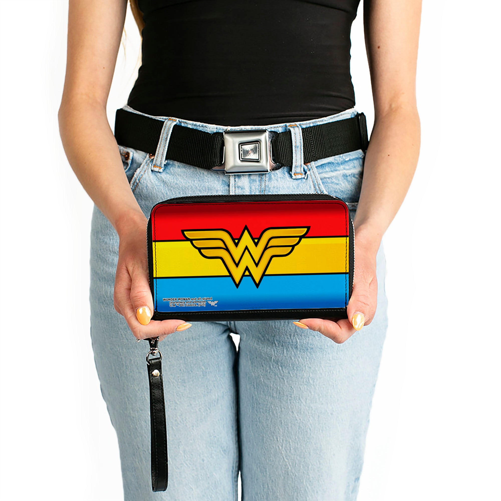 PU Zip Around Wallet Rectangle - Wonder Woman Logo/Stripe Red/Yellows/Blue Clutch Zip Around Wallets DC Comics   
