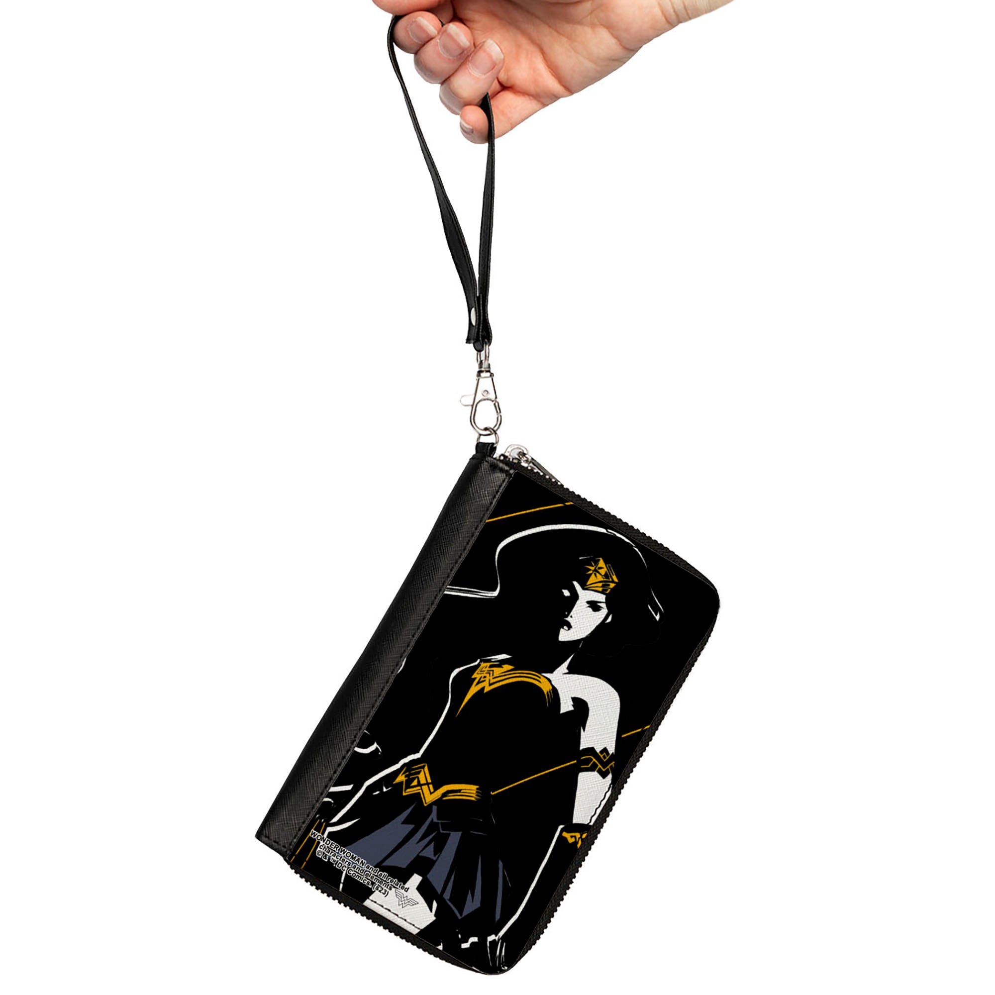 PU Zip Around Wallet Rectangle - Justice League 2017 Wonder Woman Pose Black/White/Gold/Blue Clutch Zip Around Wallets DC Comics   