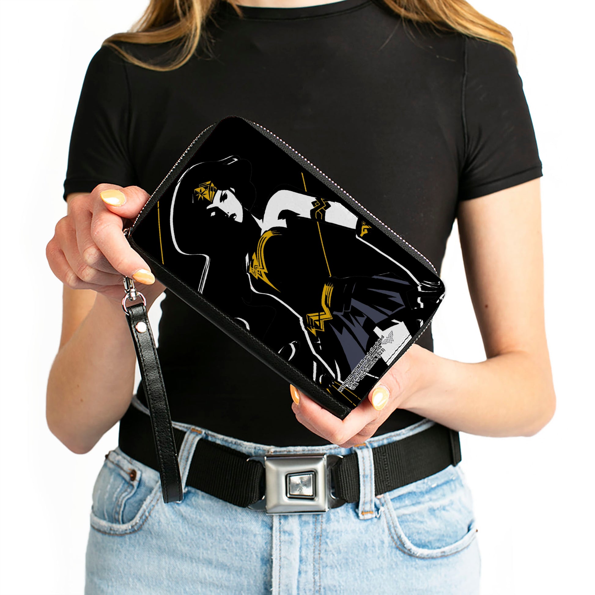 PU Zip Around Wallet Rectangle - Justice League 2017 Wonder Woman Pose Black/White/Gold/Blue Clutch Zip Around Wallets DC Comics   