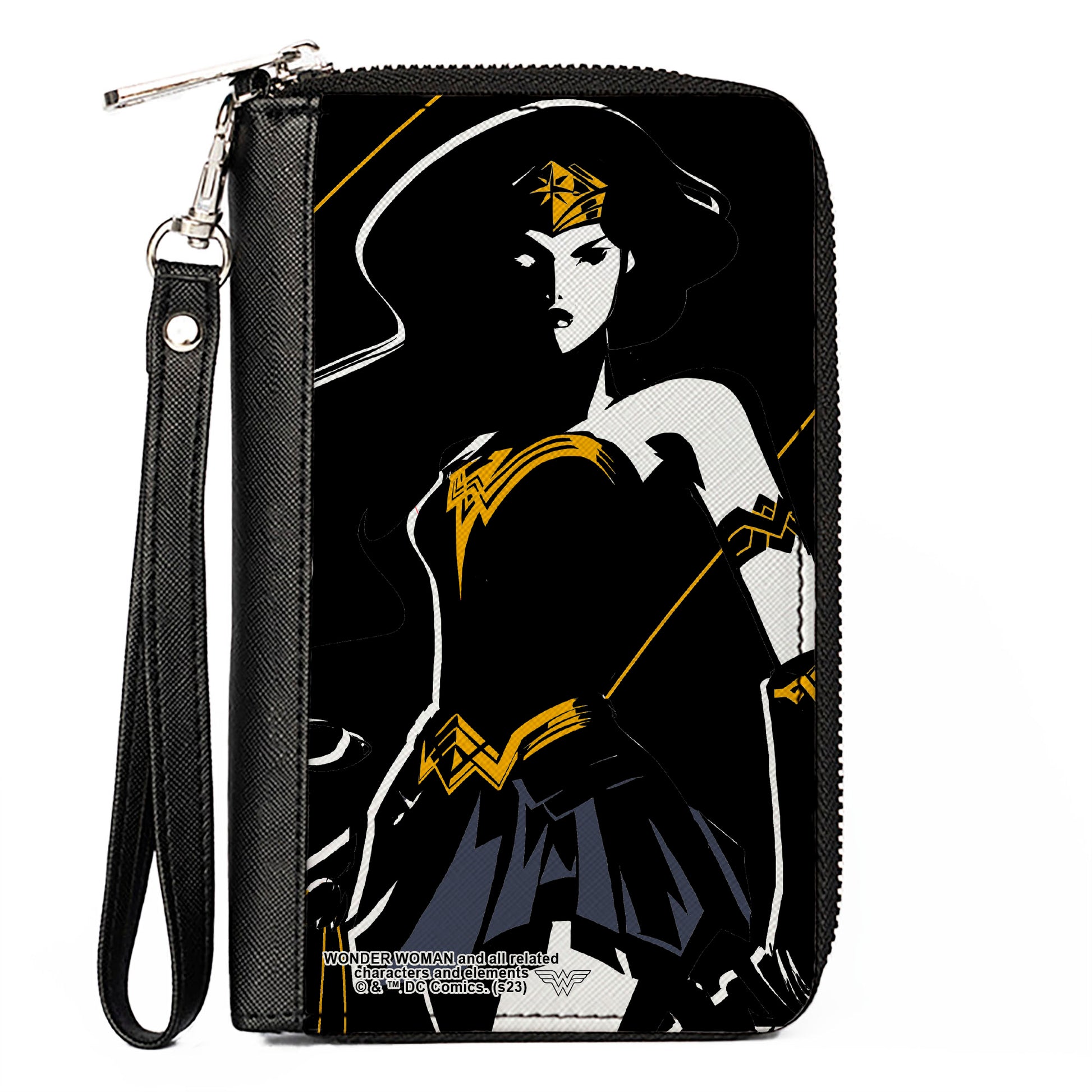 PU Zip Around Wallet Rectangle - Justice League 2017 Wonder Woman Pose Black/White/Gold/Blue Clutch Zip Around Wallets DC Comics   