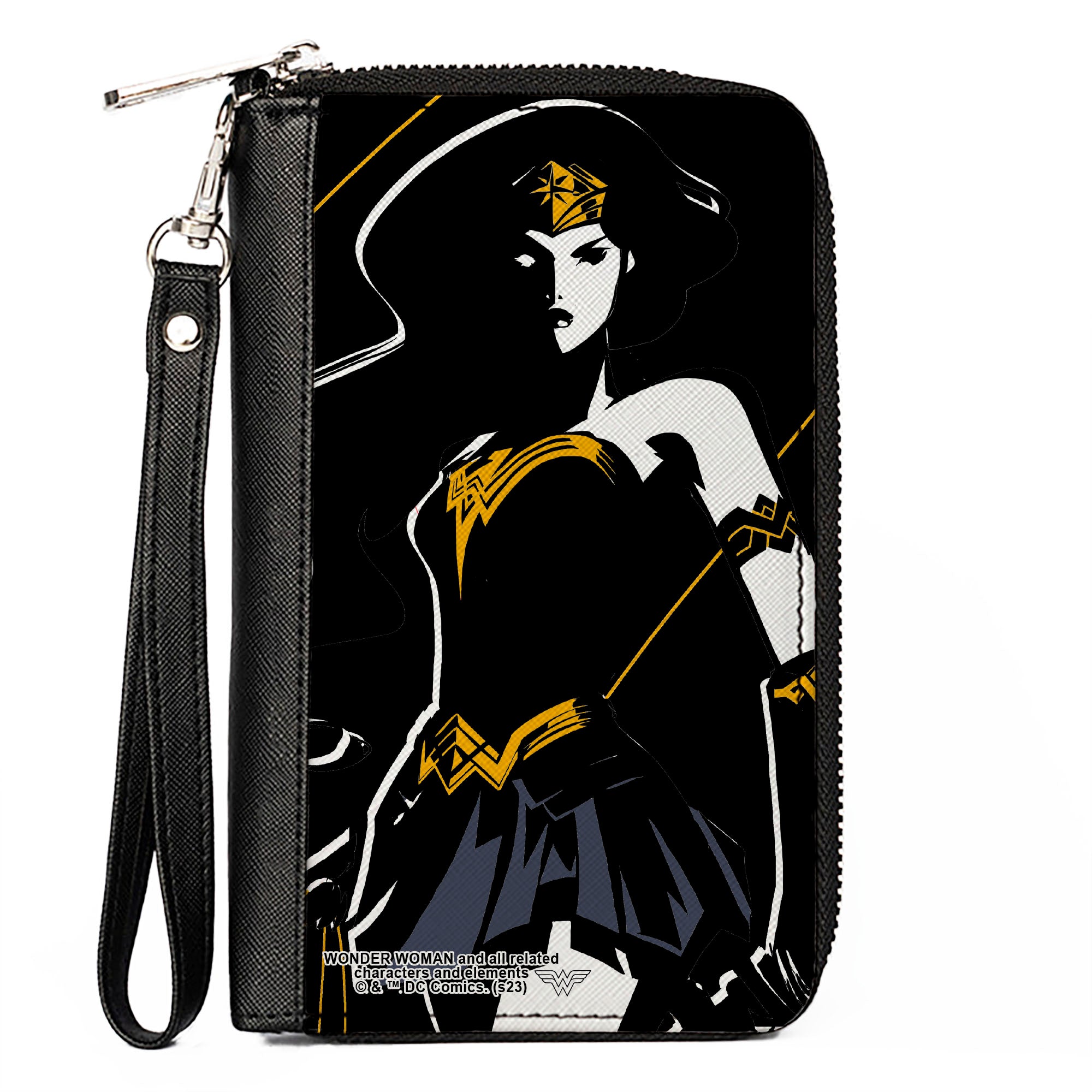 PU Zip Around Wallet Rectangle - Justice League 2017 Wonder Woman Pose Black/White/Gold/Blue Clutch Zip Around Wallets DC Comics   