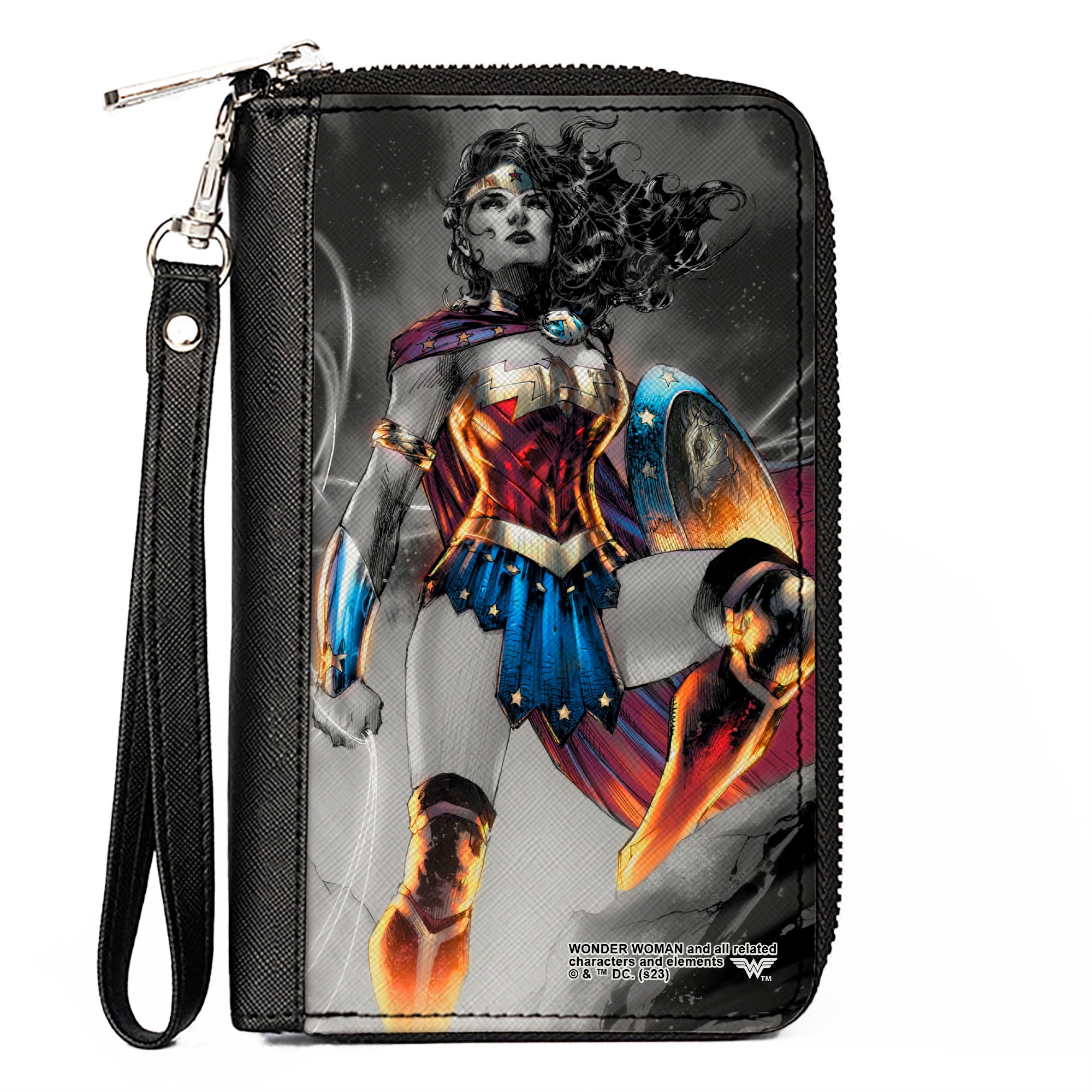 PU Zip Around Wallet Rectangle - Wonder Woman 75th Anniversary Comic Book Cover Standing Pose Grays/Full Color Clutch Zip Around Wallets DC Comics   
