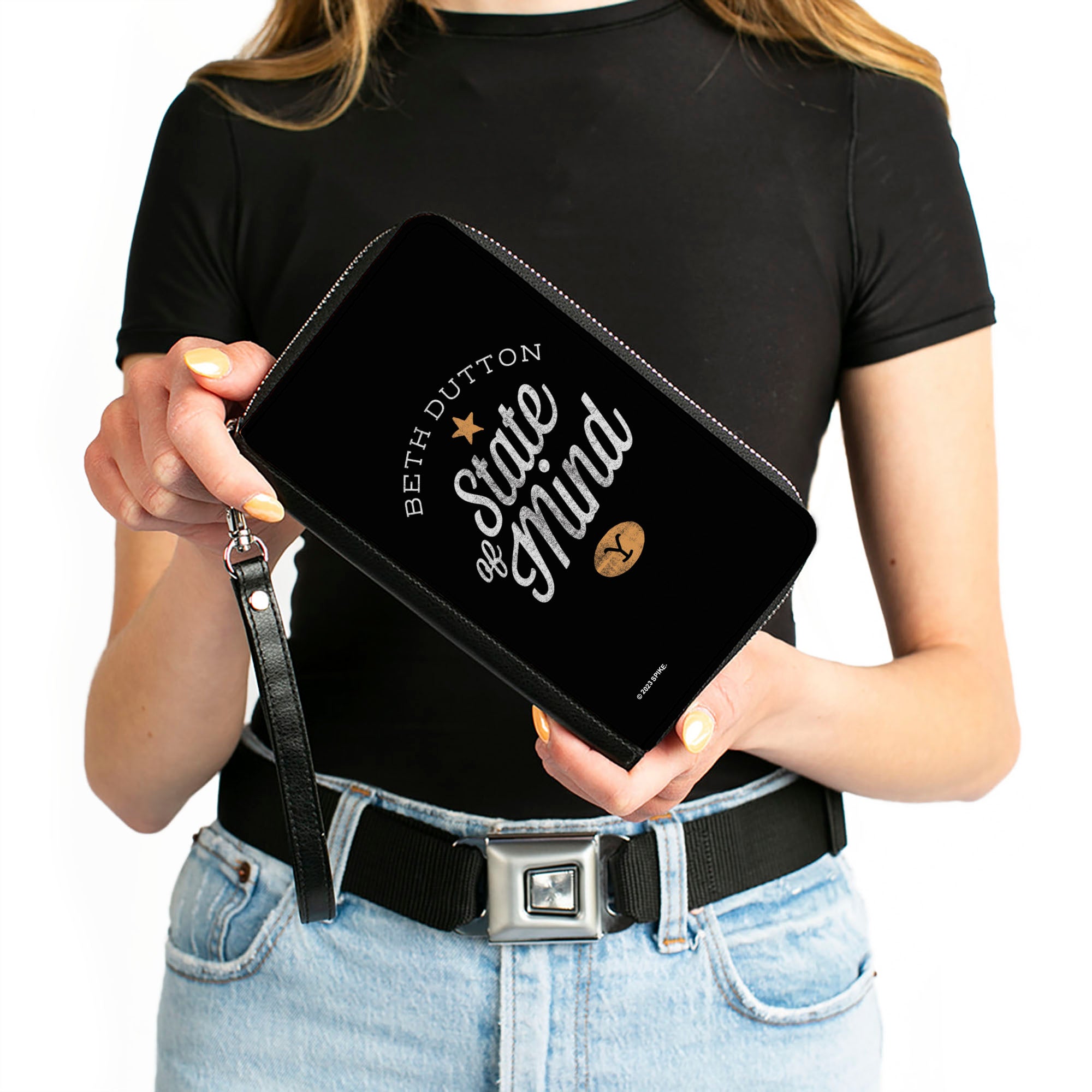 PU Zip Around Wallet Rectangle - Yellowstone BETH DUTTON STATE OF MIND Black/White/Tan Clutch Zip Around Wallets Yellowstone