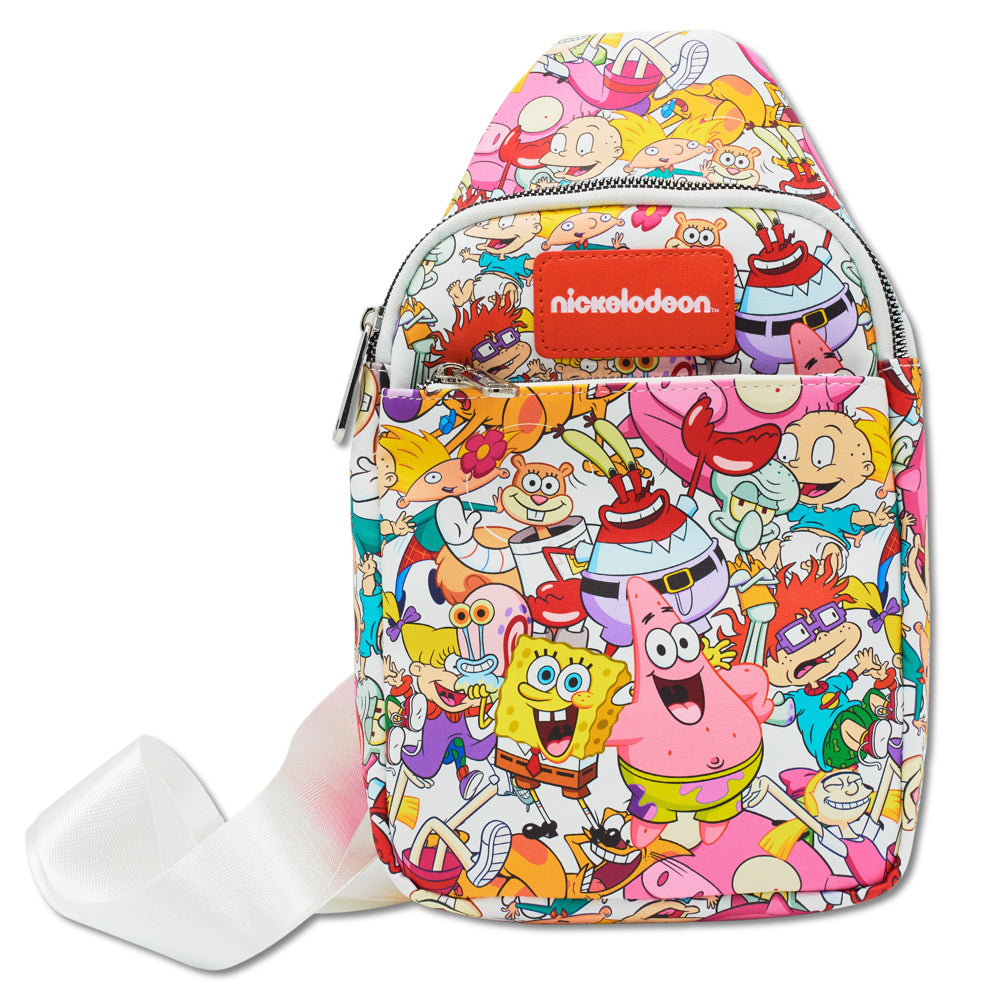 Nickelodeon Vegan Leather Crossbody Sling Bag with Adjustable Straps, Nick 90s Rewind Character Poses Stacked Crossbody Bags Nickelodeon