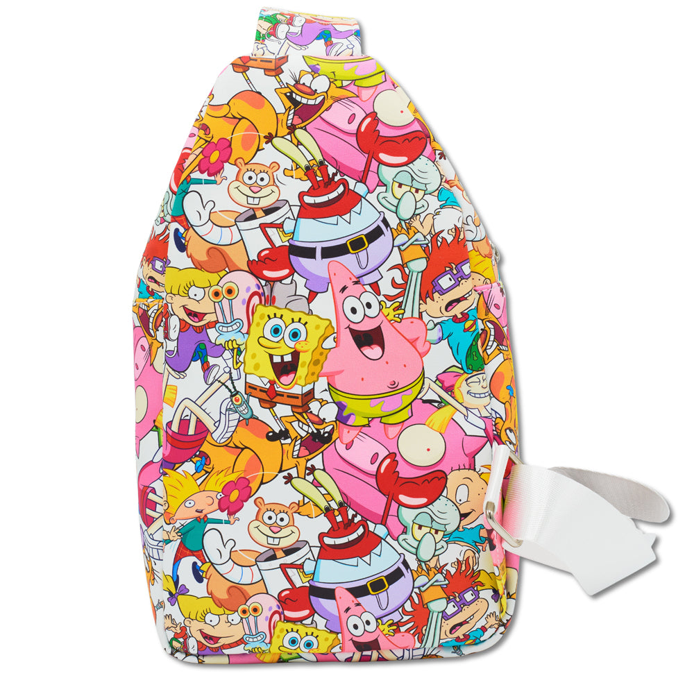 Nickelodeon Vegan Leather Crossbody Sling Bag with Adjustable Straps, Nick 90s Rewind Character Poses Stacked Crossbody Bags Nickelodeon