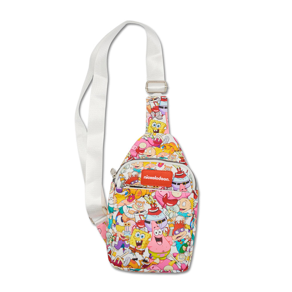 Nickelodeon Vegan Leather Crossbody Sling Bag with Adjustable Straps, Nick 90s Rewind Character Poses Stacked Crossbody Bags Nickelodeon