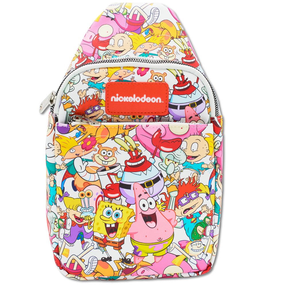 Nickelodeon Vegan Leather Crossbody Sling Bag with Adjustable Straps, Nick 90s Rewind Character Poses Stacked Crossbody Bags Nickelodeon