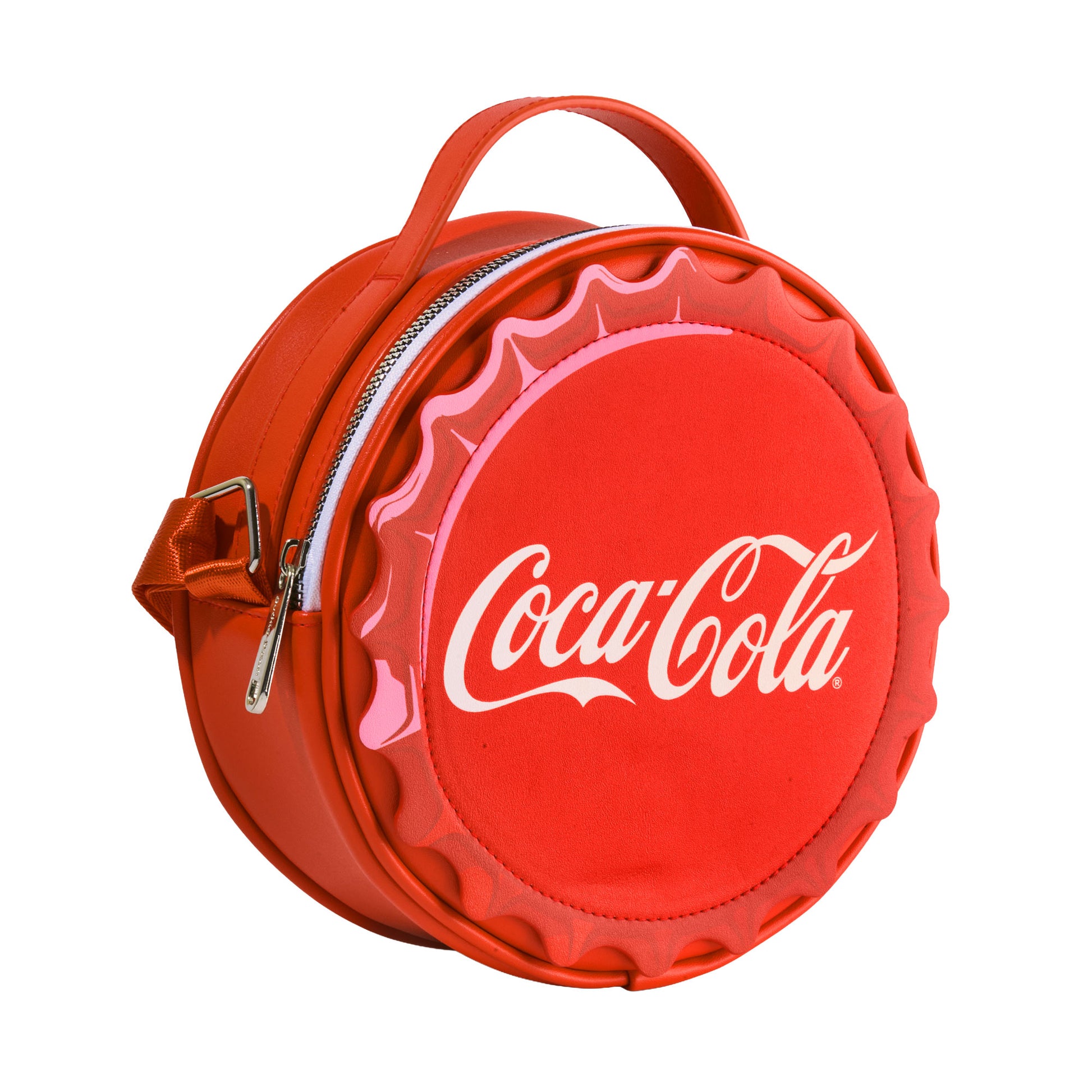 The Coca-Cola Company Vegan Leather Round Crossbody Bag with Adjustable Straps, Coca-Cola Bottle Cap Applique Red Crossbody Bags Coca-Cola