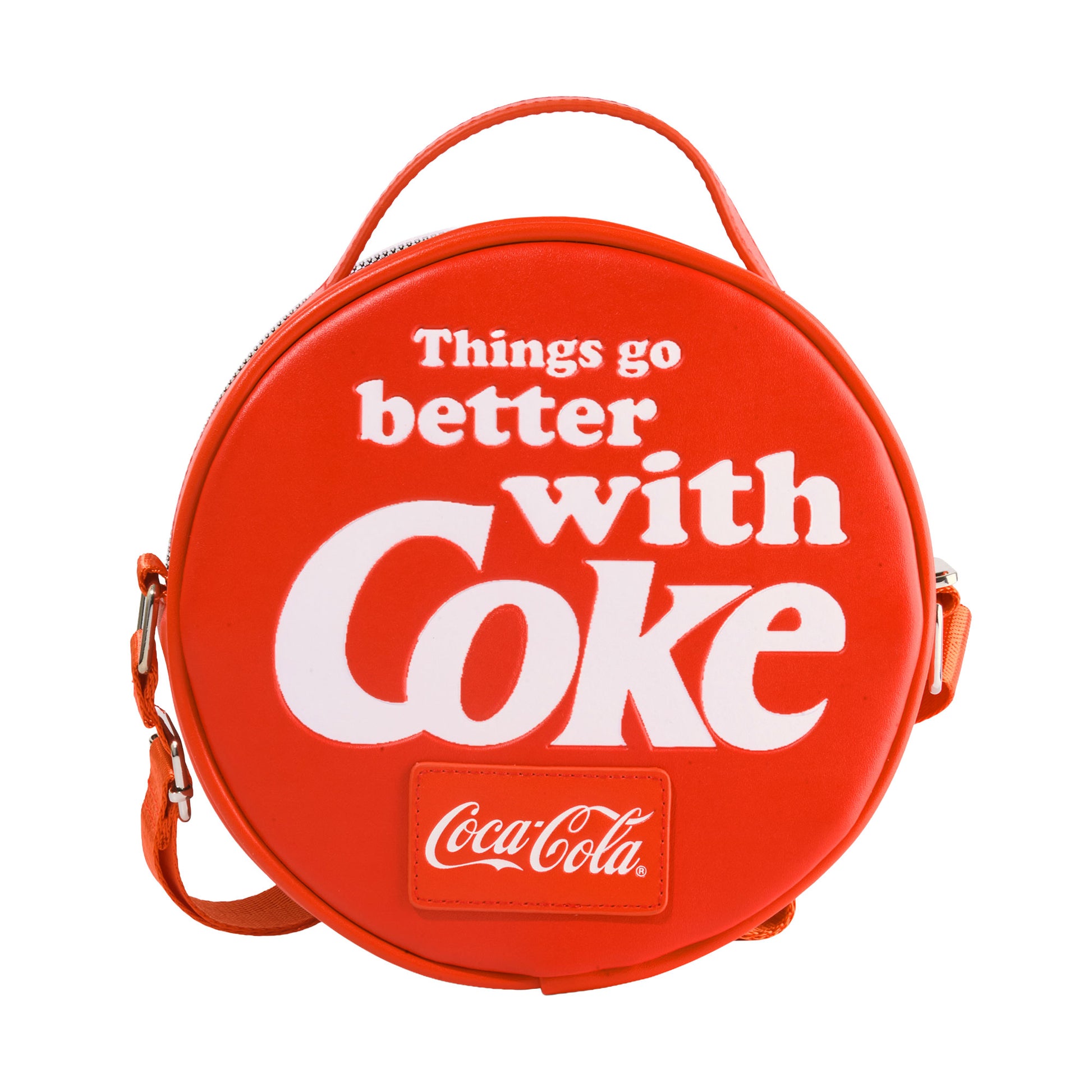The Coca-Cola Company Vegan Leather Round Crossbody Bag with Adjustable Straps, Coca-Cola Bottle Cap Applique Red Crossbody Bags Coca-Cola