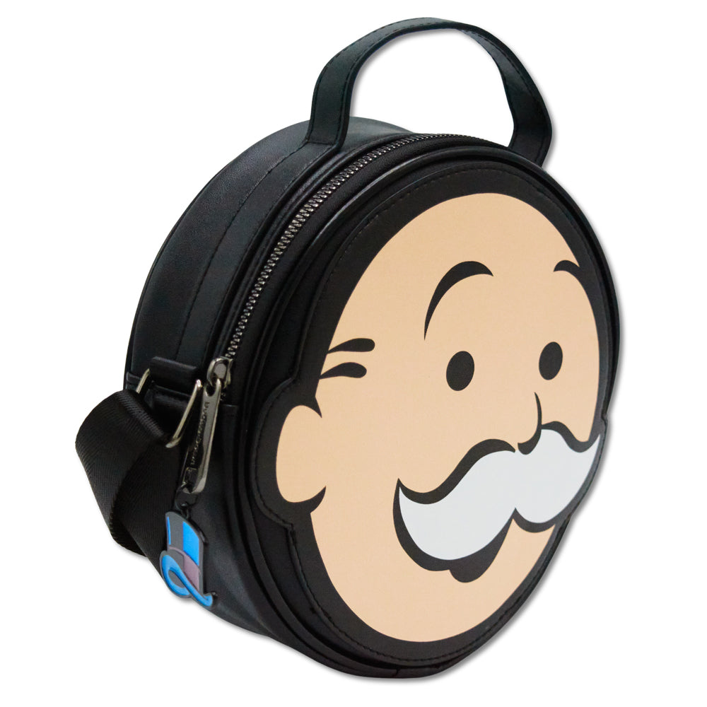Monopoly Vegan Leather Round Crossbody Bag with Adjustable Straps, Mr Monopoly Face Applique Close Up Black Crossbody Bags Monopoly