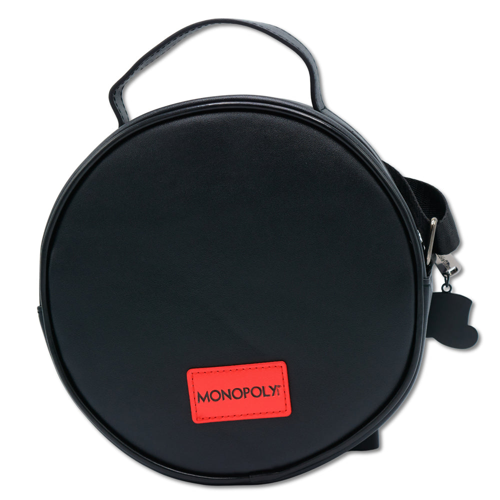 Monopoly Vegan Leather Round Crossbody Bag with Adjustable Straps, Mr Monopoly Face Applique Close Up Black Crossbody Bags Monopoly
