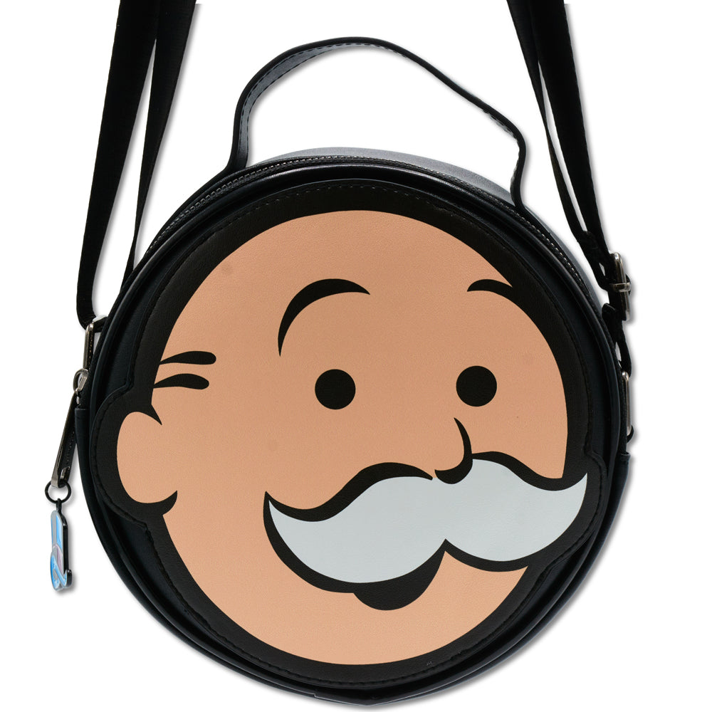 Monopoly Vegan Leather Round Crossbody Bag with Adjustable Straps, Mr Monopoly Face Applique Close Up Black Crossbody Bags Monopoly