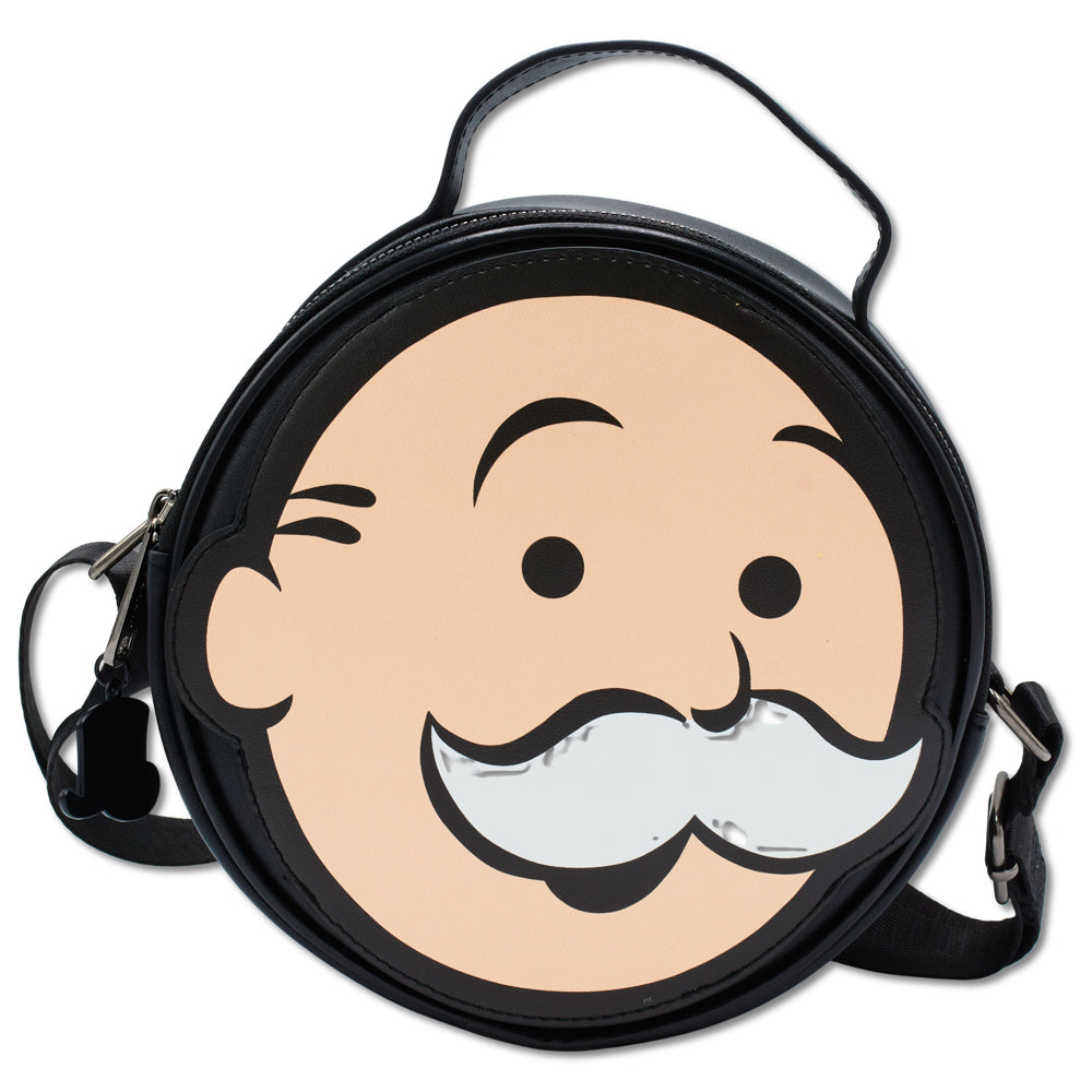 Monopoly Vegan Leather Round Crossbody Bag with Adjustable Straps, Mr Monopoly Face Applique Close Up Black Crossbody Bags Monopoly