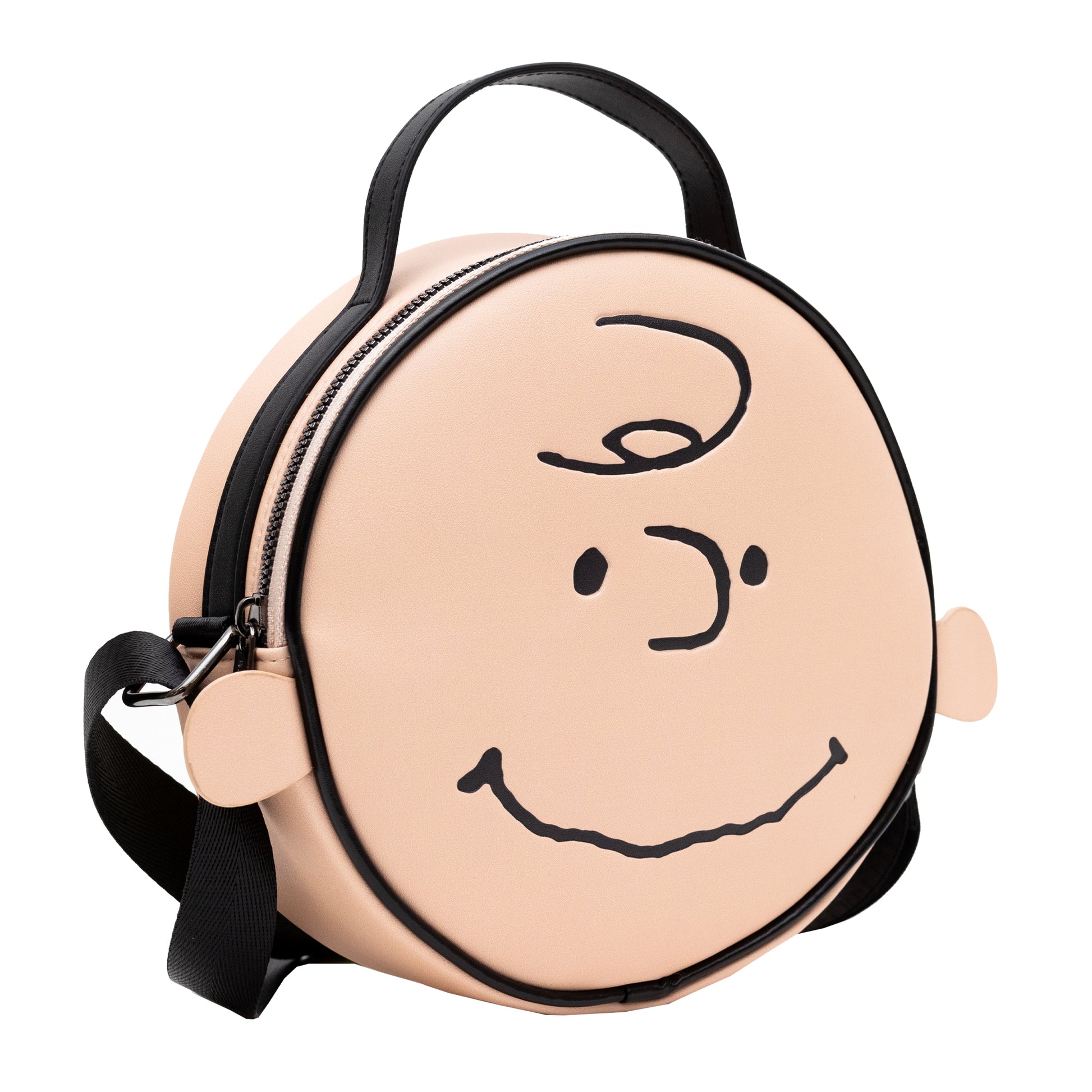 Peanuts Vegan Leather Round Crossbody Bag with Adjustable Straps, Charlie Brown Smiling Face Character Close Up Crossbody Bags Peanuts