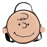 Peanuts Vegan Leather Round Crossbody Bag with Adjustable Straps, Charlie Brown Smiling Face Character Close Up Crossbody Bags Peanuts