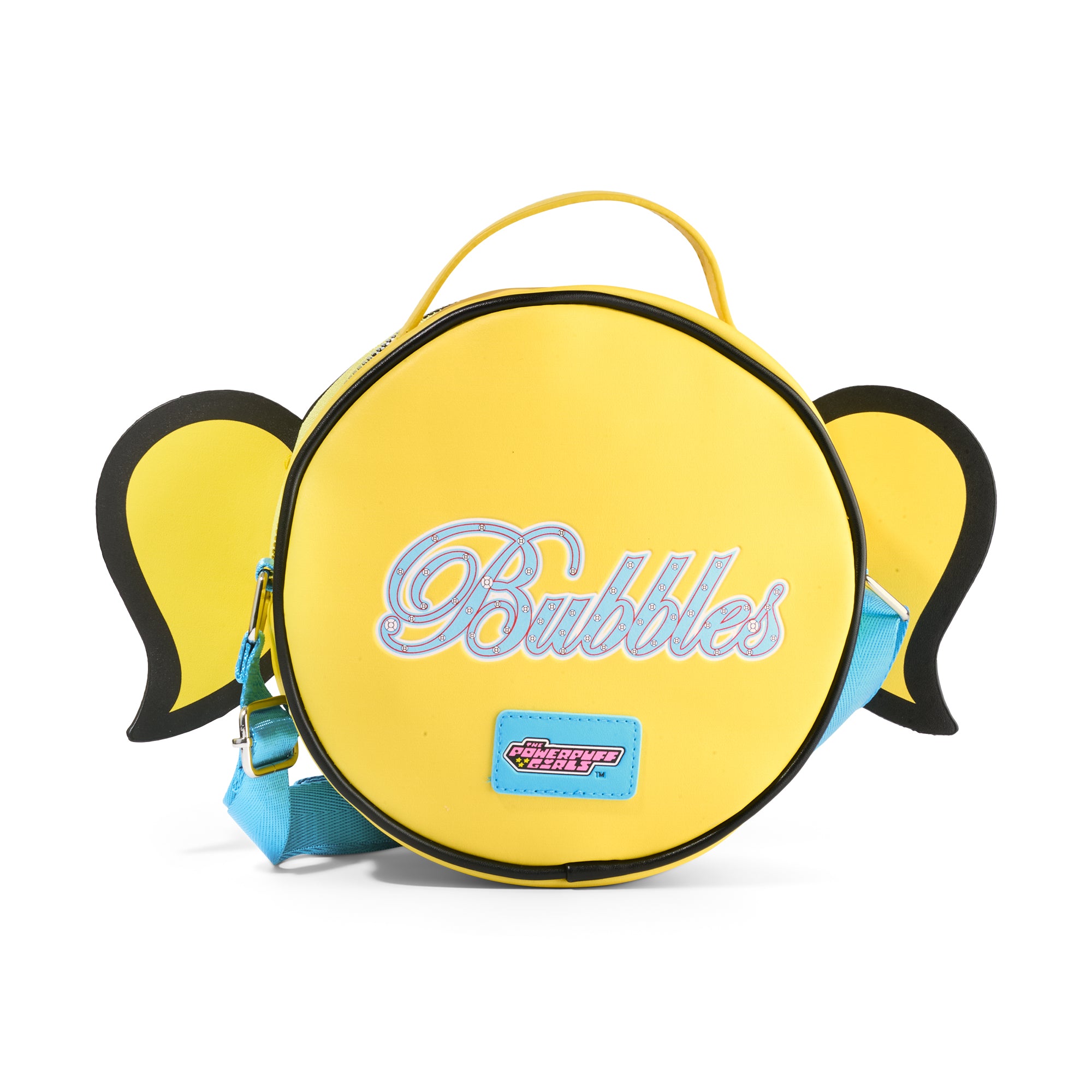 Powerpuff Girls Vegan Leather Round Crossbody Bag with Adjustable Straps, The Powerpuff Girls Bubbles Smiling Face Close Up, Yellow Crossbody Bags Powerpuff Girls