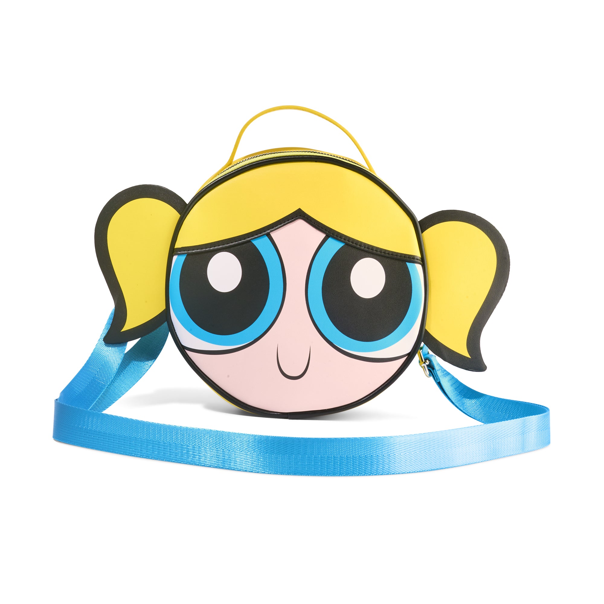 Powerpuff Girls Vegan Leather Round Crossbody Bag with Adjustable Straps, The Powerpuff Girls Bubbles Smiling Face Close Up, Yellow Crossbody Bags Powerpuff Girls
