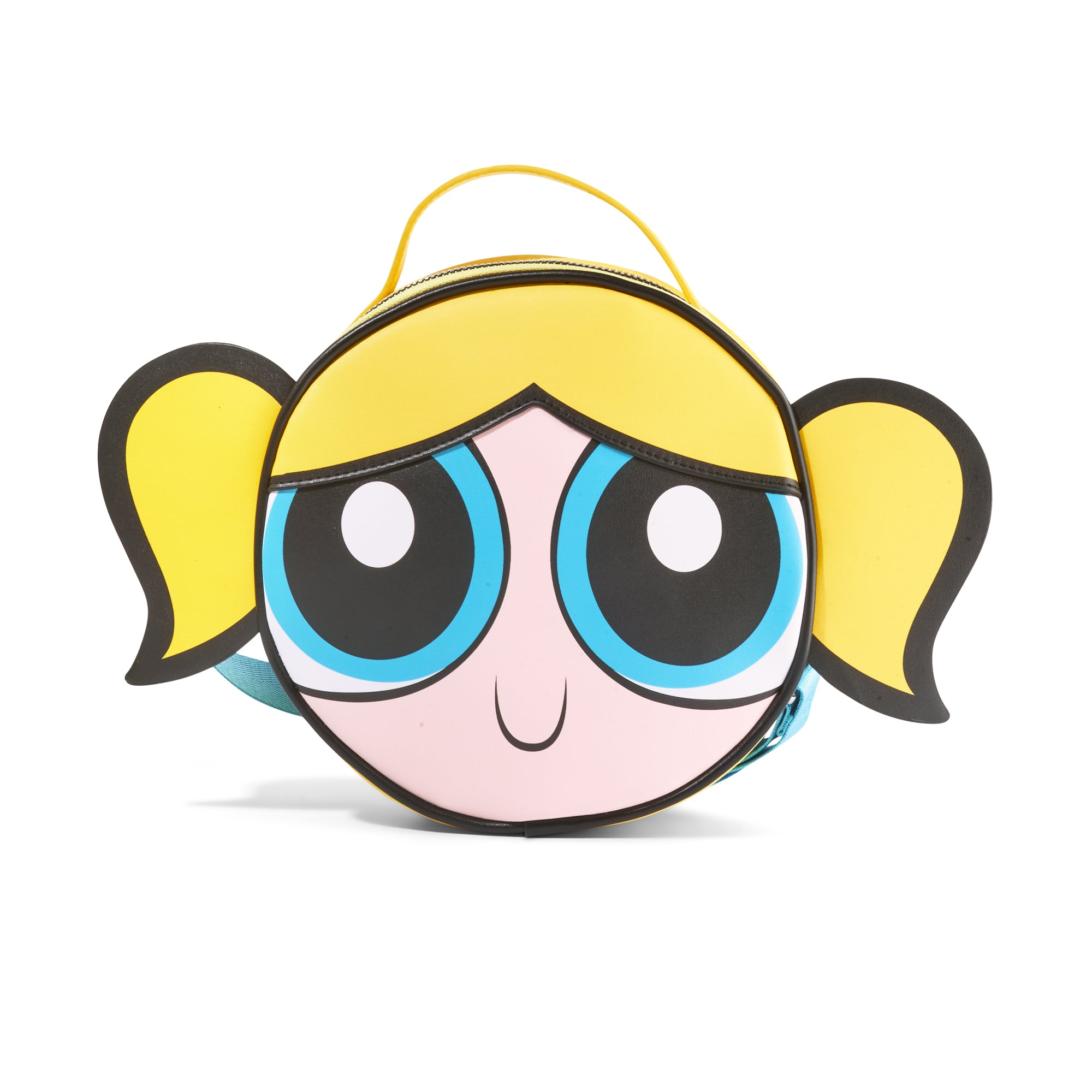 Powerpuff Girls Vegan Leather Round Crossbody Bag with Adjustable Straps, The Powerpuff Girls Bubbles Smiling Face Close Up, Yellow Crossbody Bags Powerpuff Girls