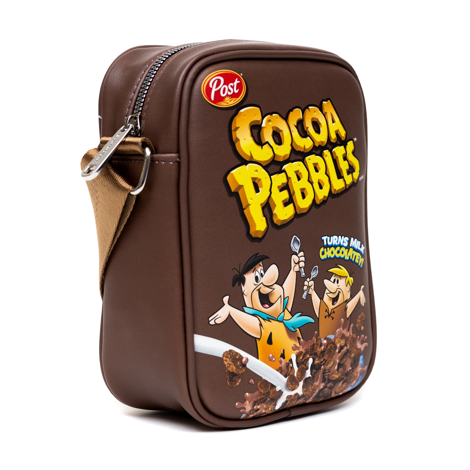 The Flintstones Bag, Cross Body, Cocoa Pebbles Fred and Barney Cereal Box Replica, Brown, Vegan Leather Crossbody Bags Hanna Barbera and Post Pebbles Cereal