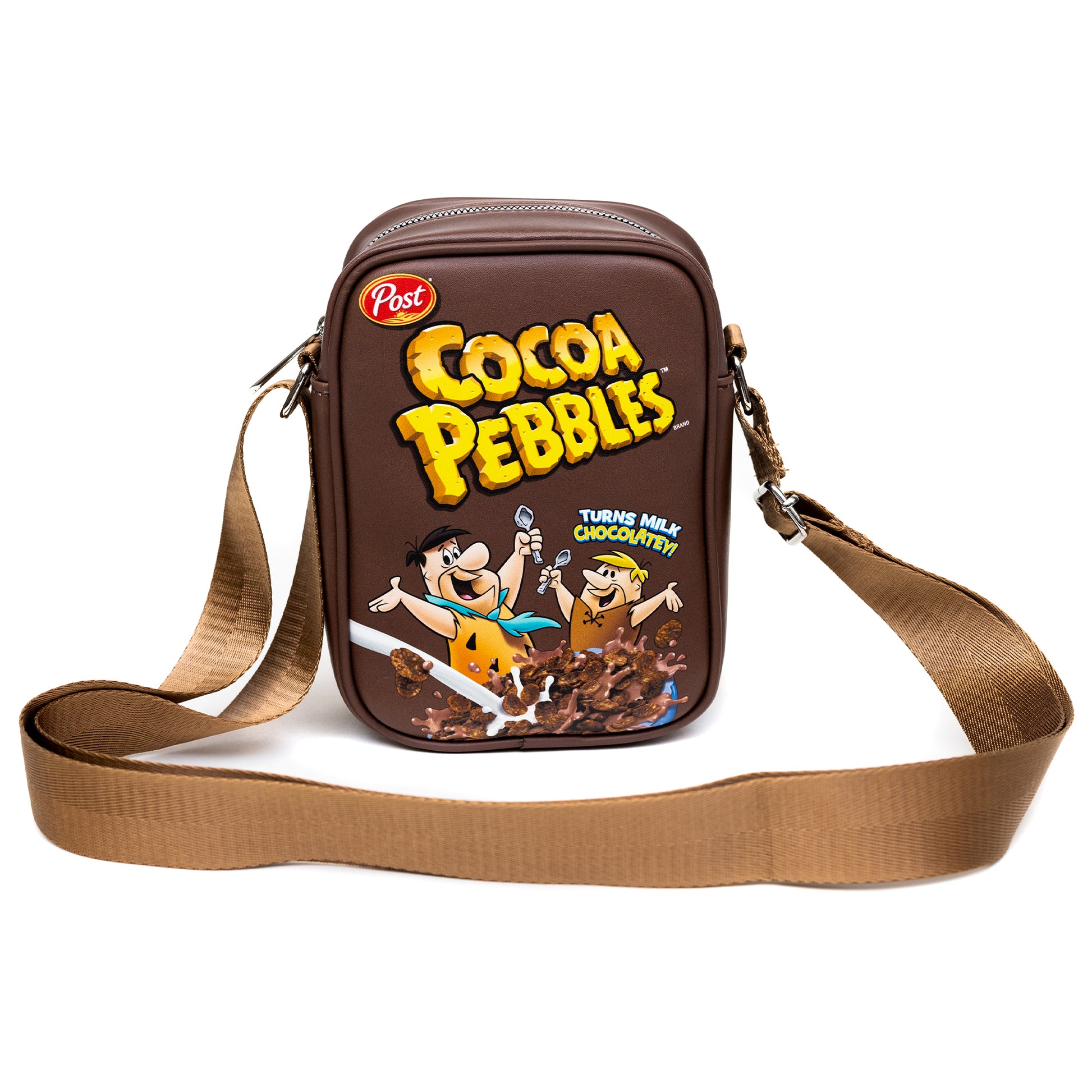 The Flintstones Bag, Cross Body, Cocoa Pebbles Fred and Barney Cereal Box Replica, Brown, Vegan Leather Crossbody Bags Hanna Barbera and Post Pebbles Cereal
