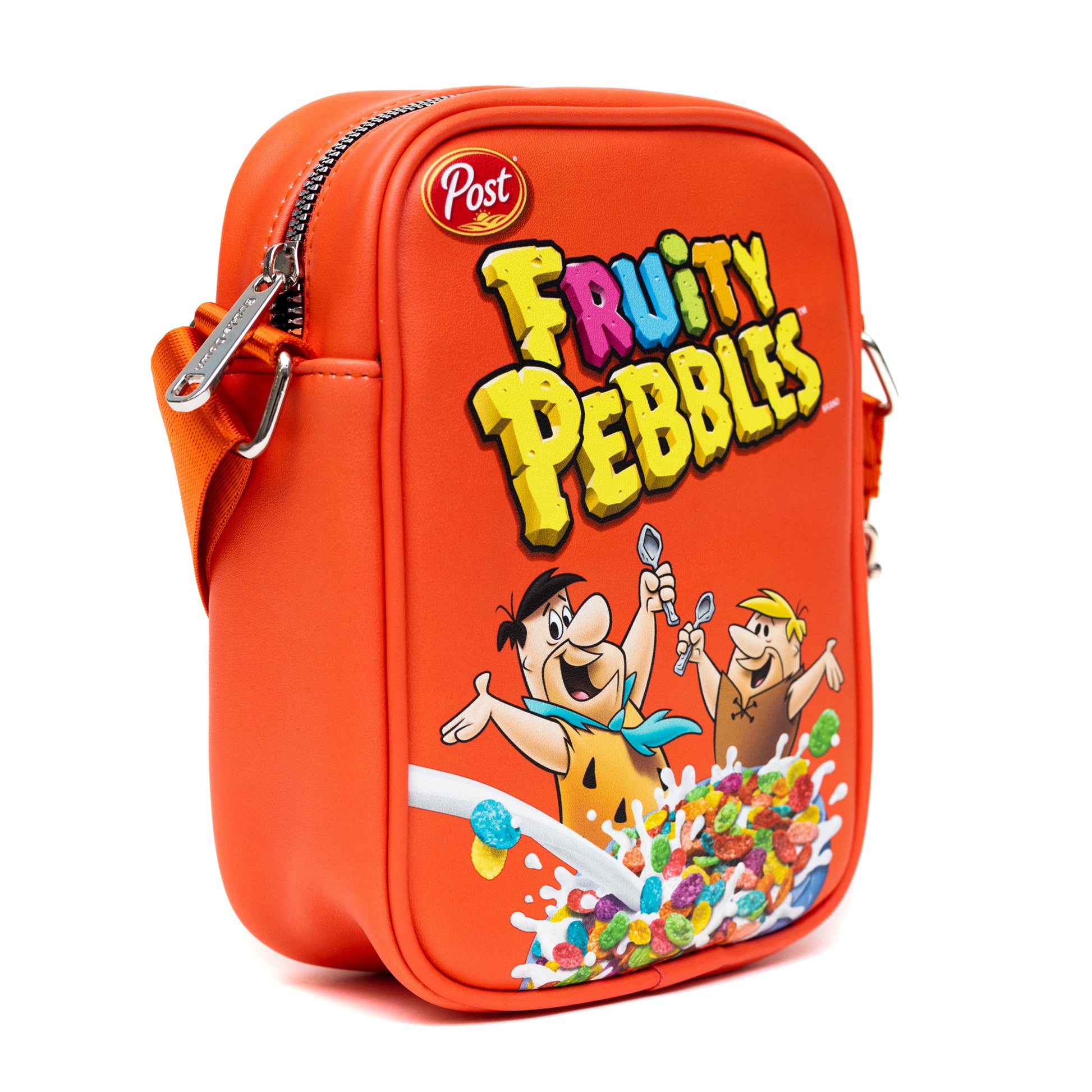 The Flintstones Bag, Cross Body, Fruity Pebbles Fred and Barney Cereal Box Replica, Bright Red, Vegan Leather Crossbody Bags Hanna Barbera and Post Pebbles Cereal