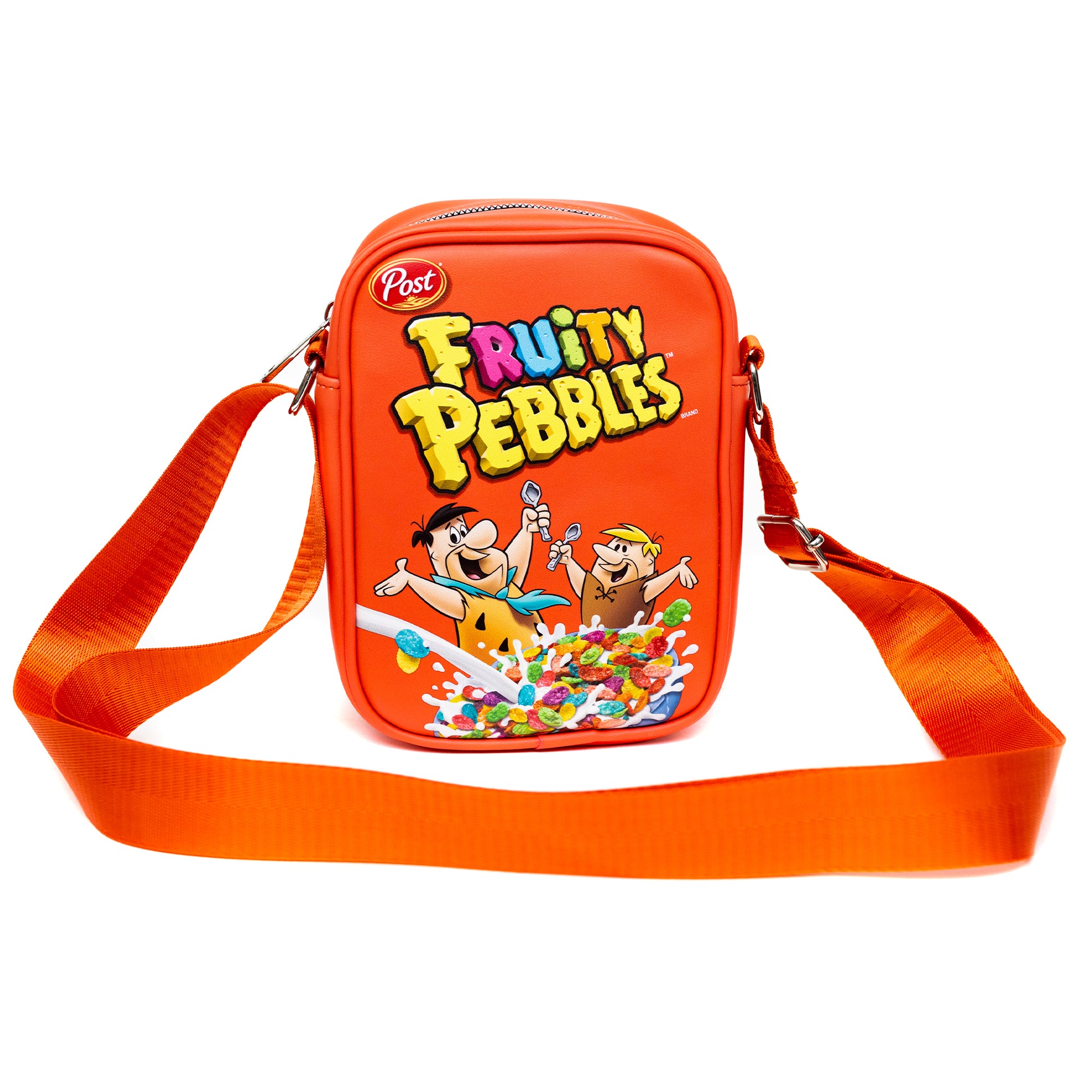 The Flintstones Bag, Cross Body, Fruity Pebbles Fred and Barney Cereal Box Replica, Bright Red, Vegan Leather Crossbody Bags Hanna Barbera and Post Pebbles Cereal