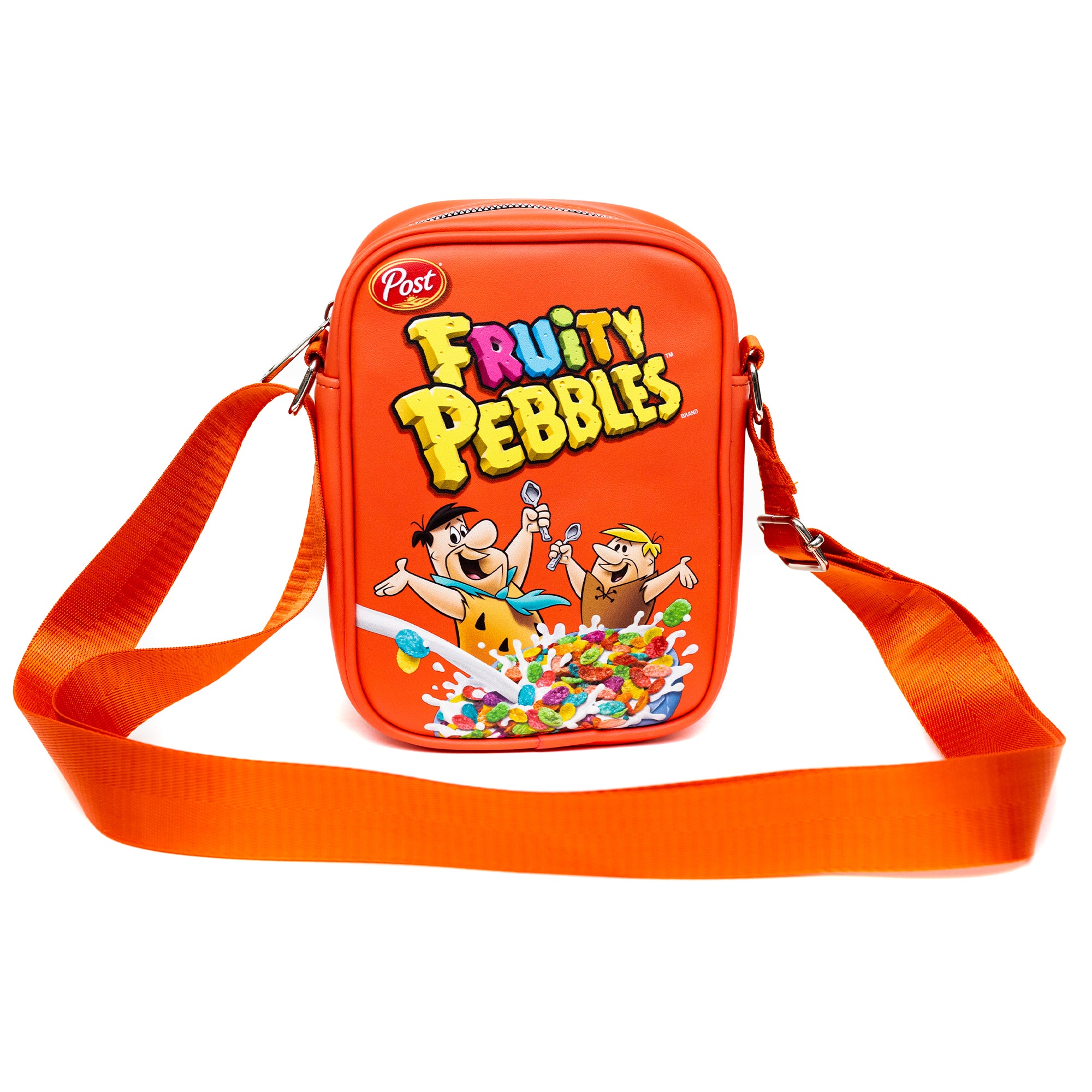 The Flintstones Bag, Cross Body, Fruity Pebbles Fred and Barney Cereal Box Replica, Bright Red, Vegan Leather Crossbody Bags Hanna Barbera and Post Pebbles Cereal