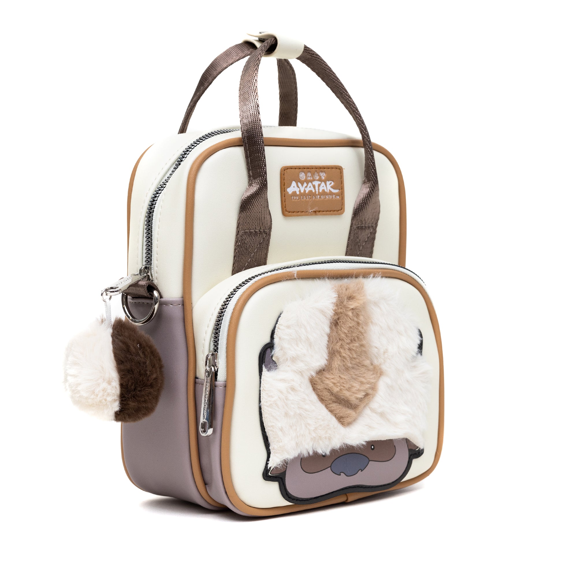 Nickelodeon Vegan Leather Cross Body Backpack for Men and Women with Adjustable Strap, Avatar Appa Furry Face and YIP! YIP! Text Debossed Tan Crossbody Bags Nickelodeon   