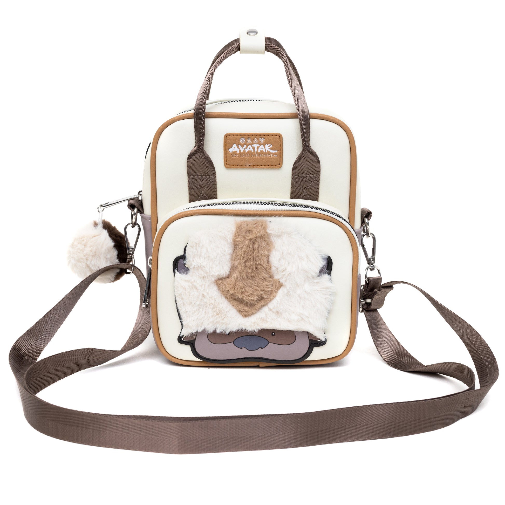 Nickelodeon Vegan Leather Cross Body Backpack for Men and Women with Adjustable Strap, Avatar Appa Furry Face and YIP! YIP! Text Debossed Tan Crossbody Bags Nickelodeon   