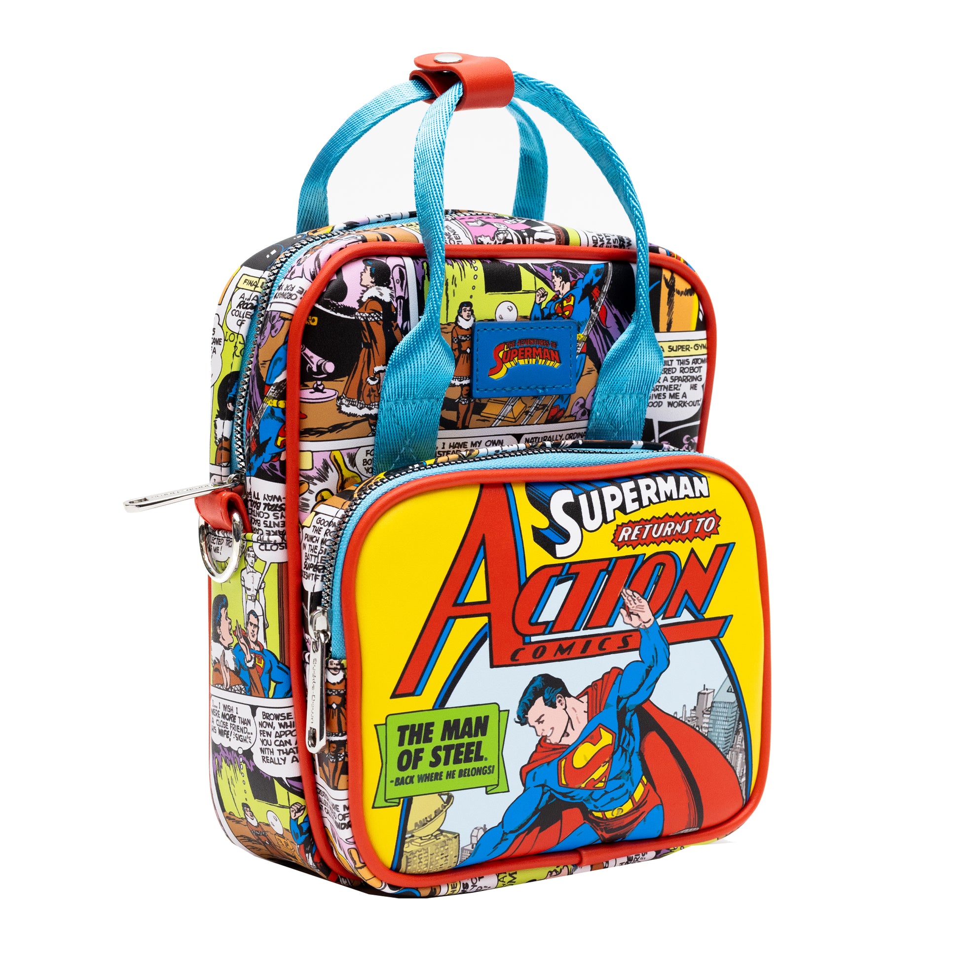 DC Comics Bag, Crossbody, Superman Return to Action Comics Cover Pose and Scenes, Vegan Leather Crossbody Bags DC Comics