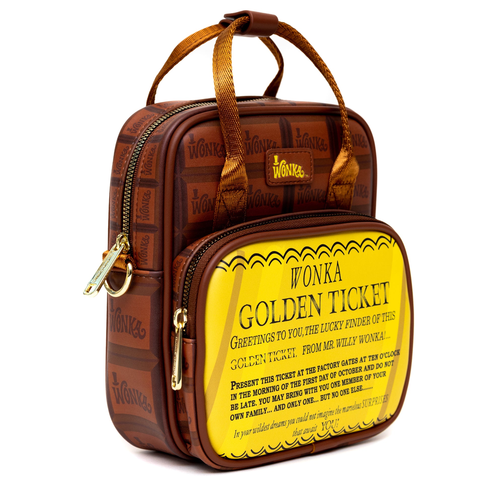 Warner Bros. Movies Bag, Cross Body, Willy Wonka Golden Ticket Text and Wonka Bar Print Browns, Vegan Leather Crossbody Bags Willy Wonka and the Chocolate Factory
