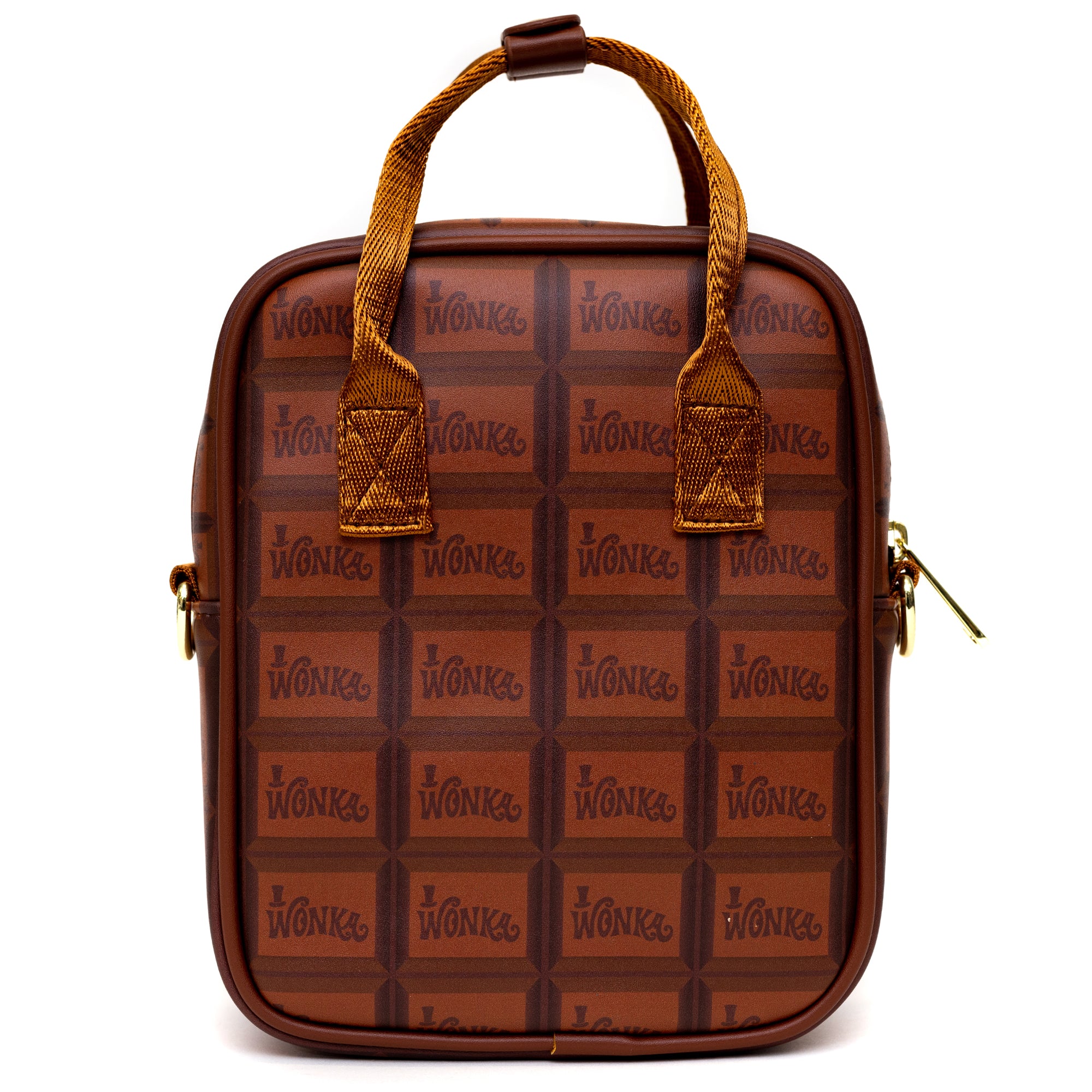 Warner Bros. Movies Bag, Cross Body, Willy Wonka Golden Ticket Text and Wonka Bar Print Browns, Vegan Leather Crossbody Bags Willy Wonka and the Chocolate Factory