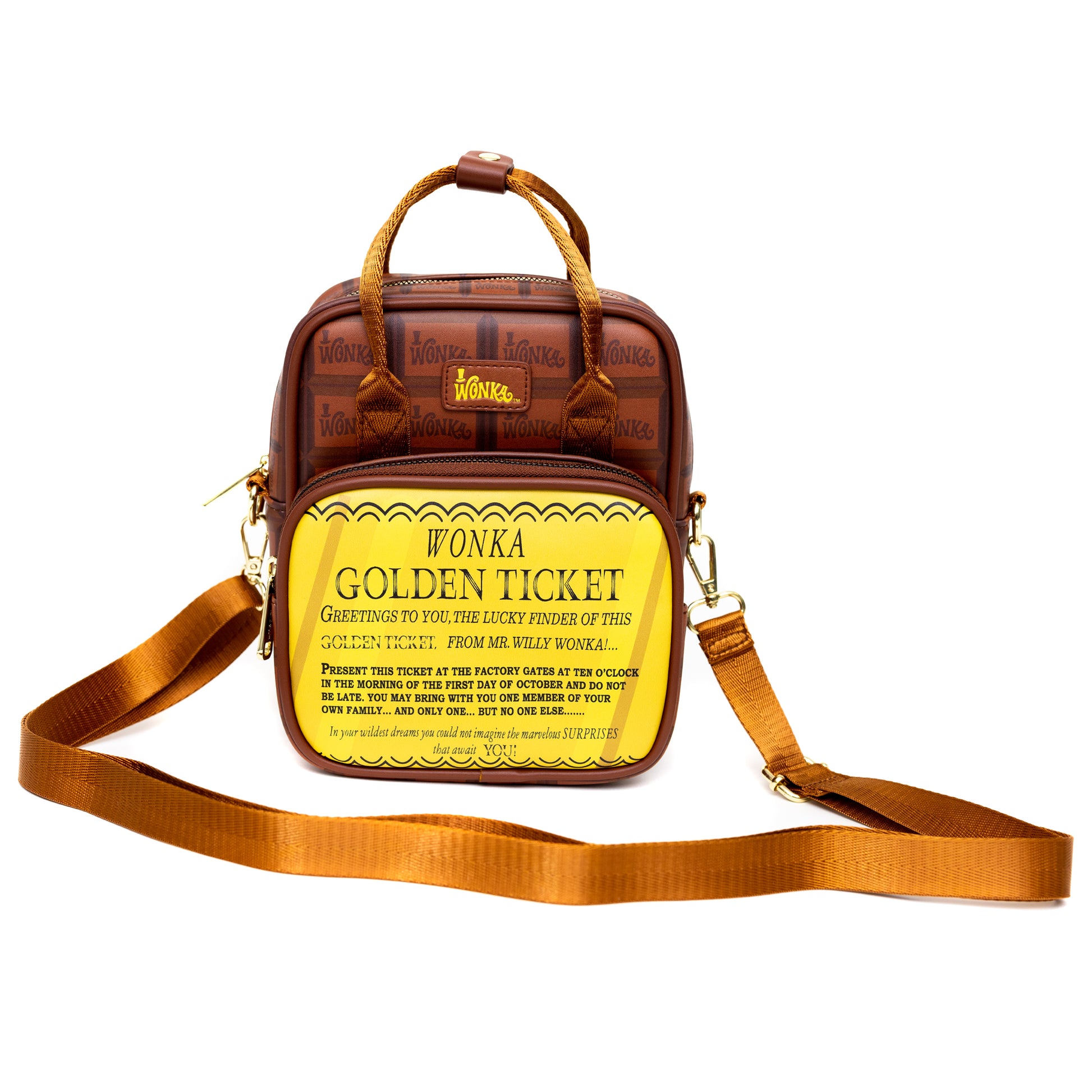 Warner Bros. Movies Bag, Cross Body, Willy Wonka Golden Ticket Text and Wonka Bar Print Browns, Vegan Leather Crossbody Bags Willy Wonka and the Chocolate Factory
