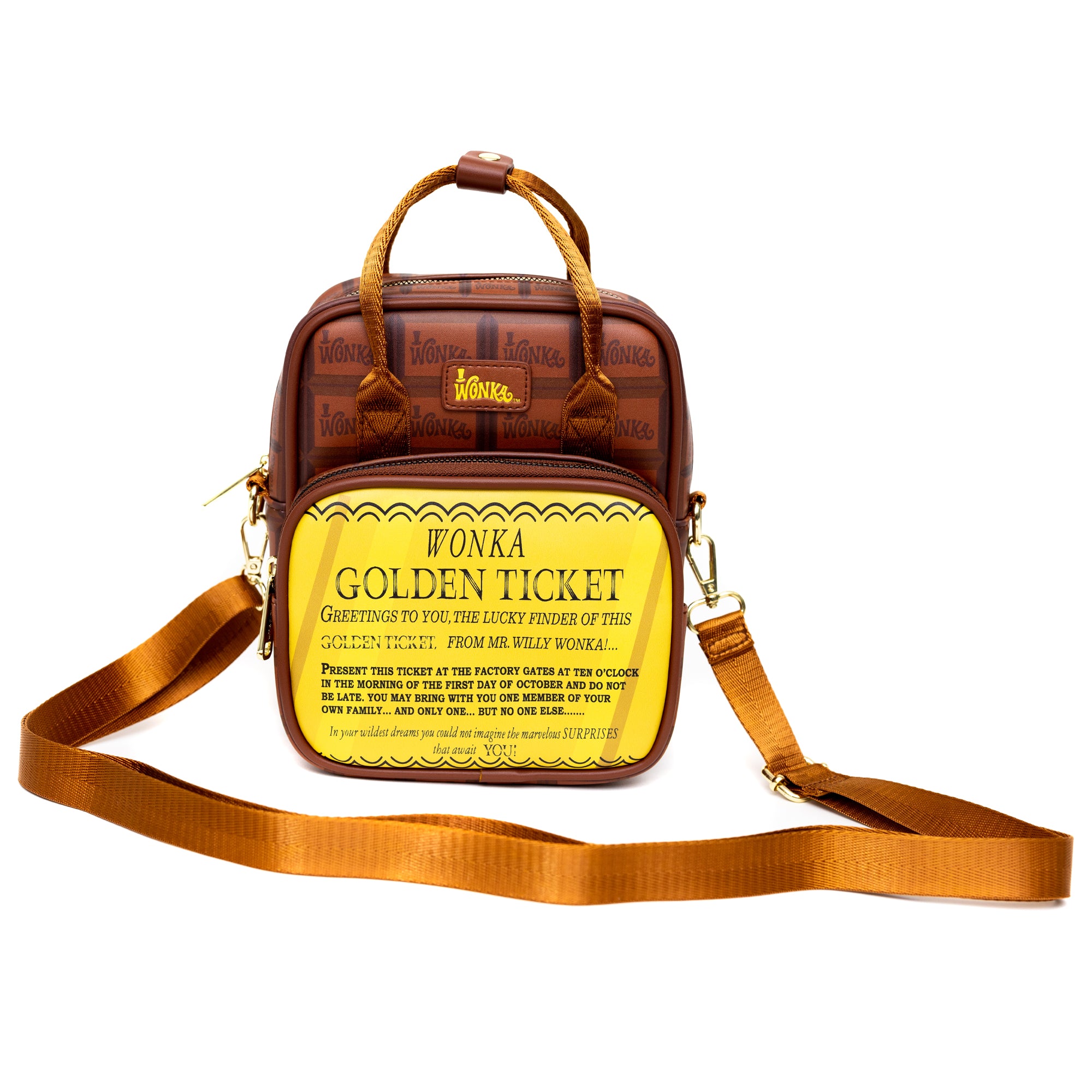 Warner Bros. Movies Bag, Cross Body, Willy Wonka Golden Ticket Text and Wonka Bar Print Browns, Vegan Leather Crossbody Bags Willy Wonka and the Chocolate Factory